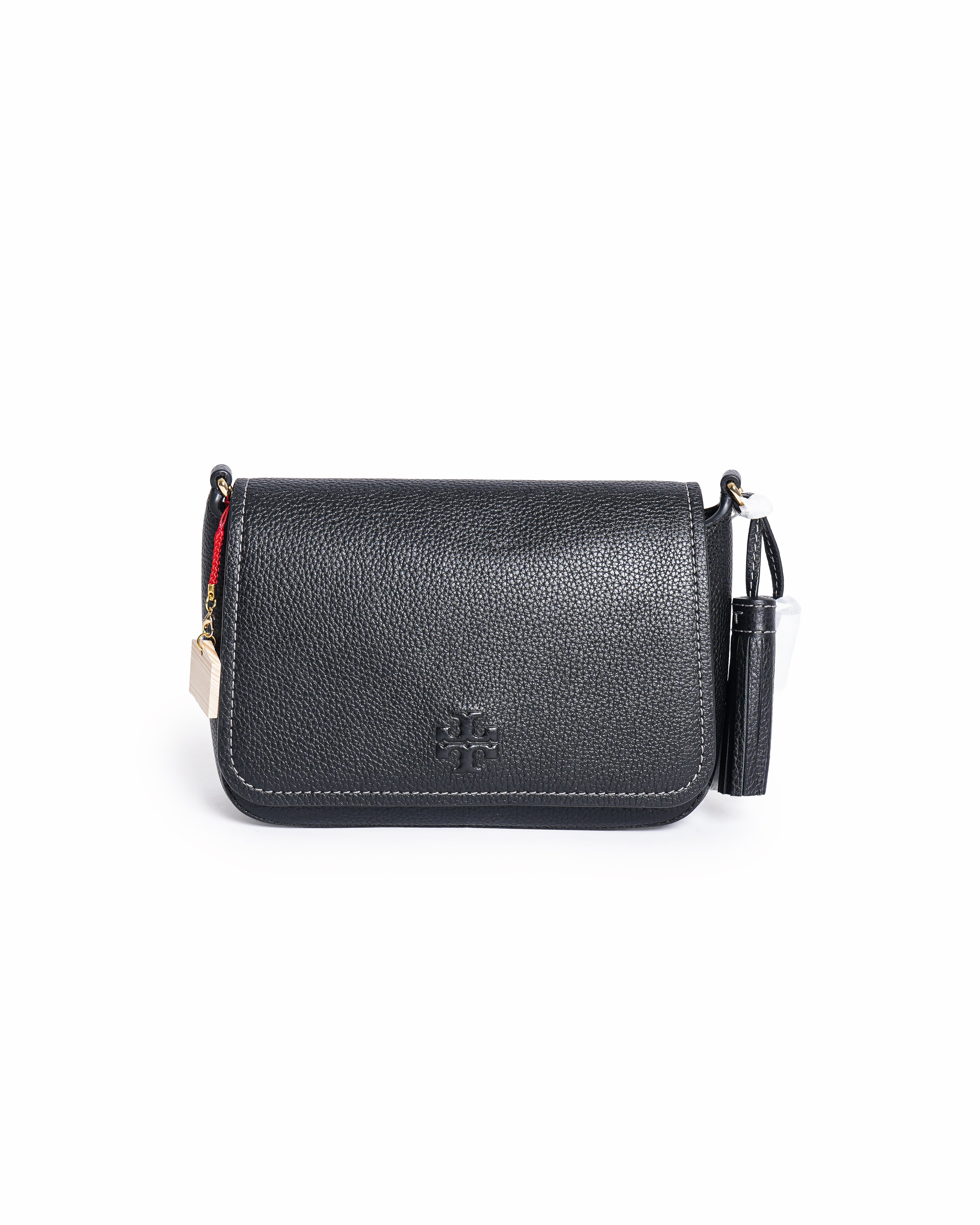 Tory Burch Thea Black Pebbled Leather Flap Crossbody Bag