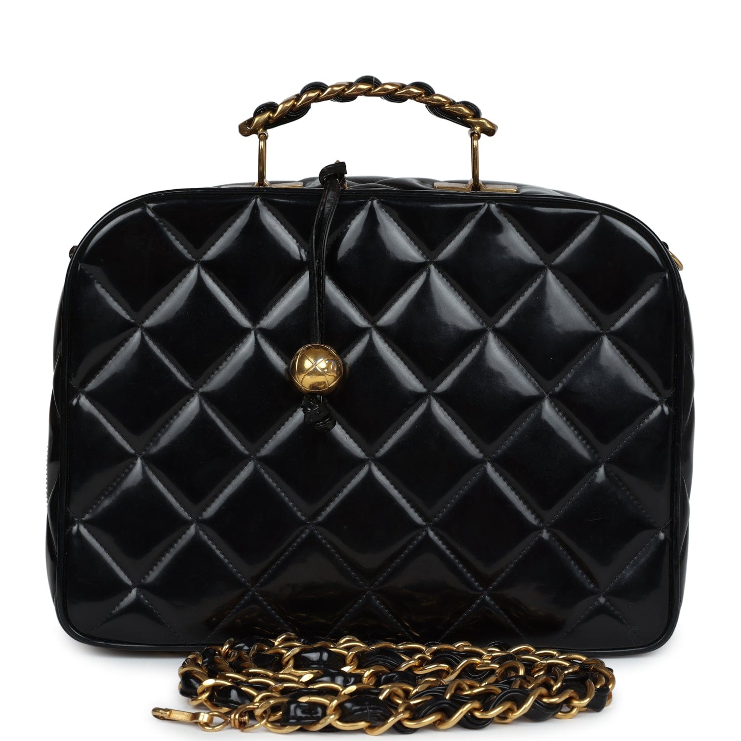 Chanel Vintage Chanel Lunchbox Vanity Black Patent Leather Gold Hardware