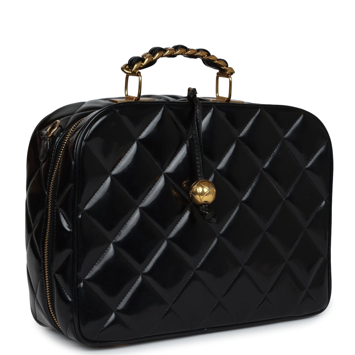 Chanel Vintage Chanel Lunchbox Vanity Black Patent Leather Gold Hardware