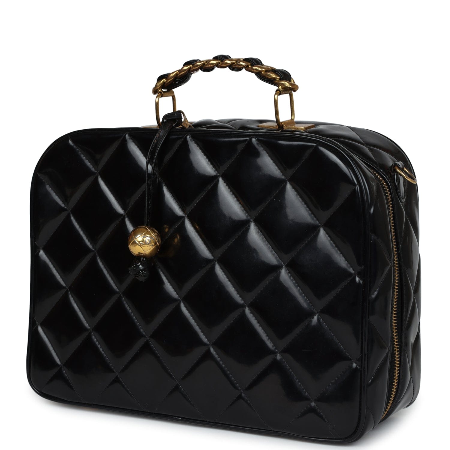 Chanel Vintage Chanel Lunchbox Vanity Black Patent Leather Gold Hardware