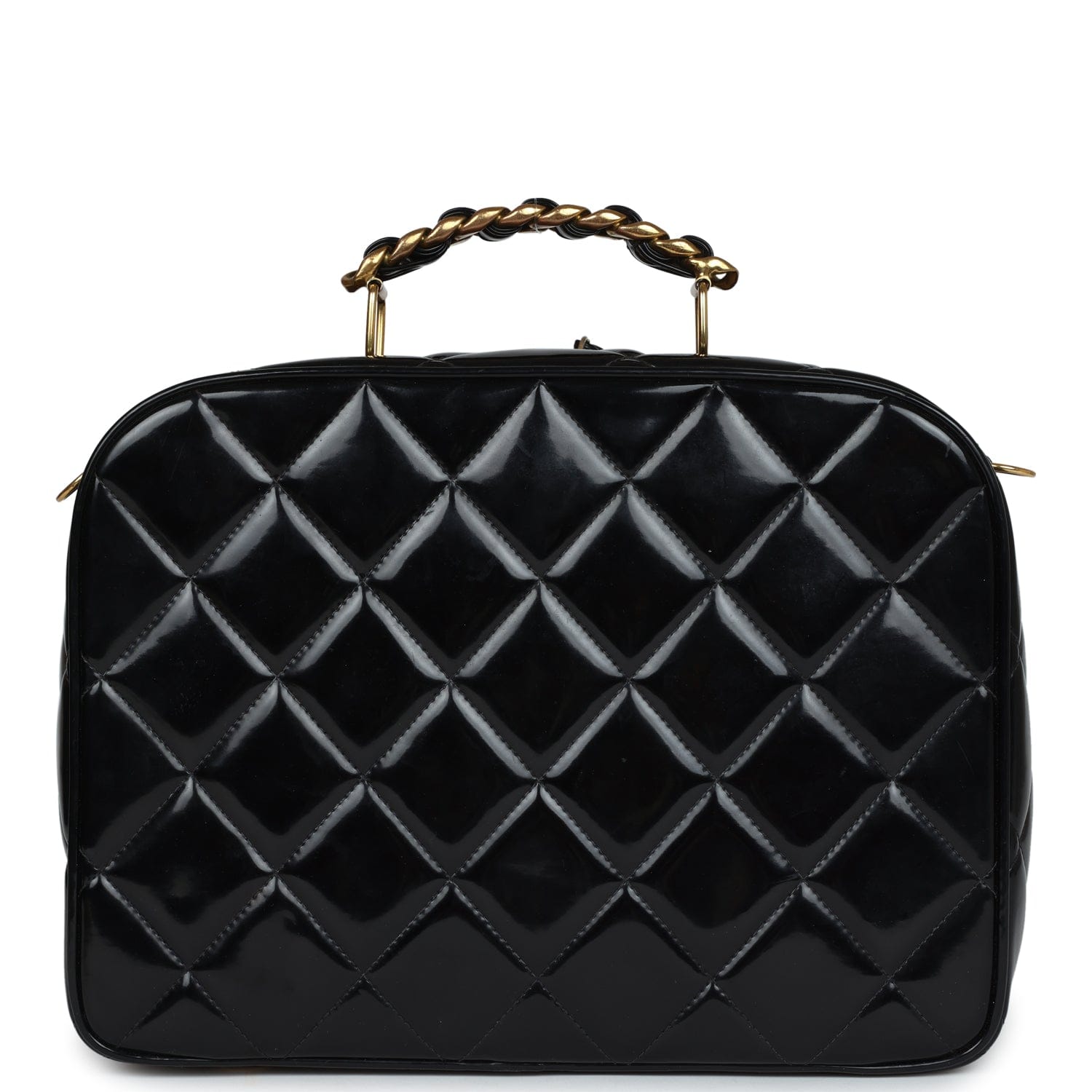 Chanel Vintage Chanel Lunchbox Vanity Black Patent Leather Gold Hardware