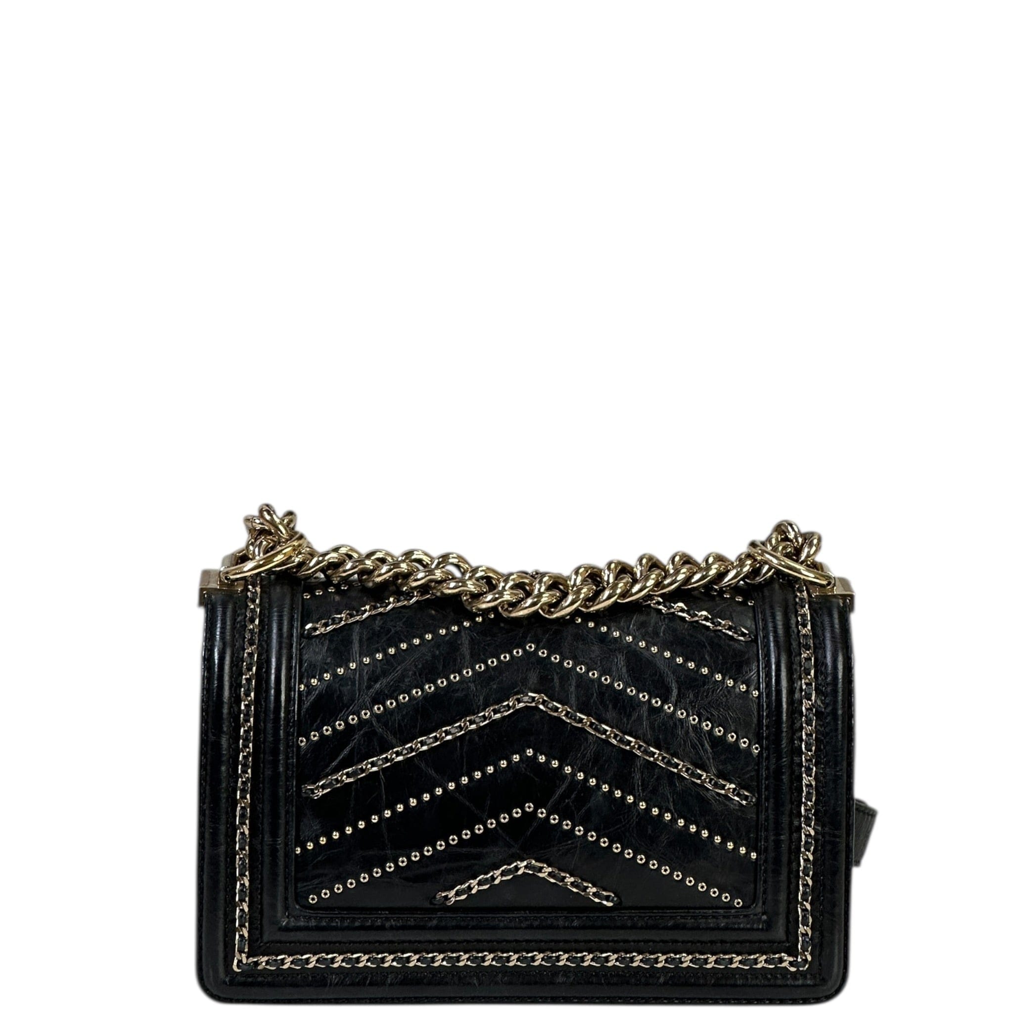 Chanel Boy Bag Small Chevron Chain Black Crumpled Calfskin