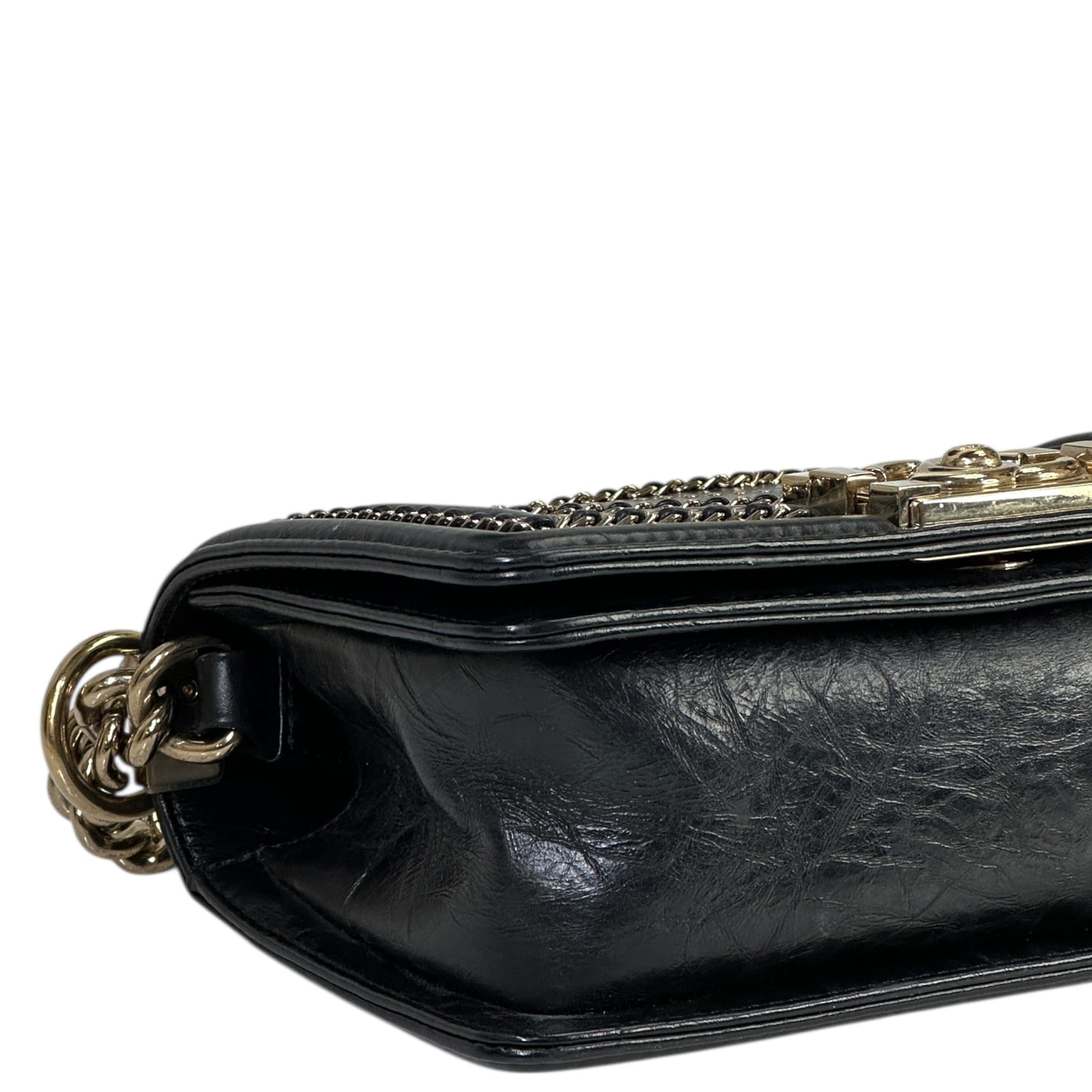Chanel Boy Bag Small Chevron Chain Black Crumpled Calfskin