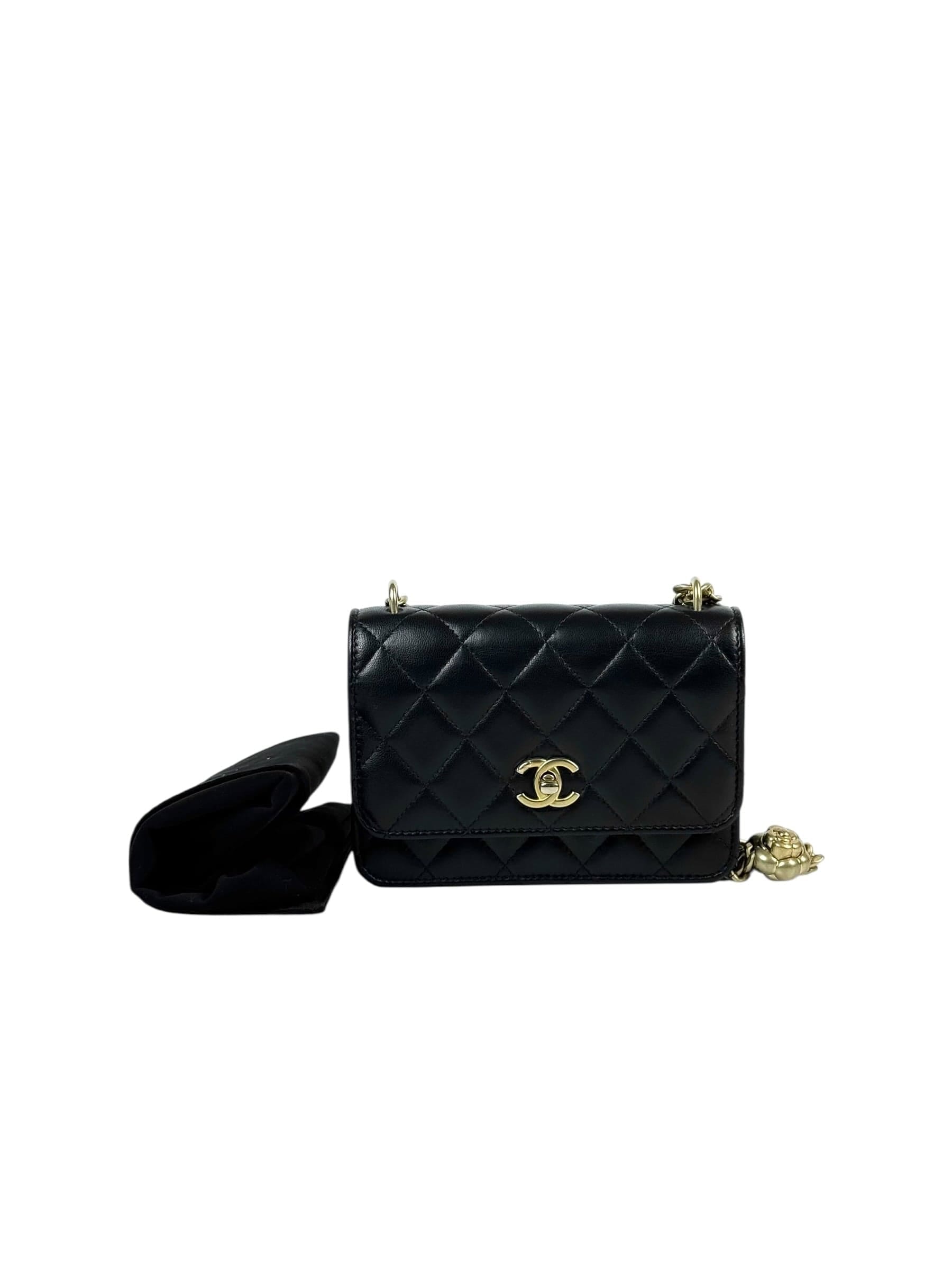 Chanel Flap WOC Camellia Pearl Crush Black Bag