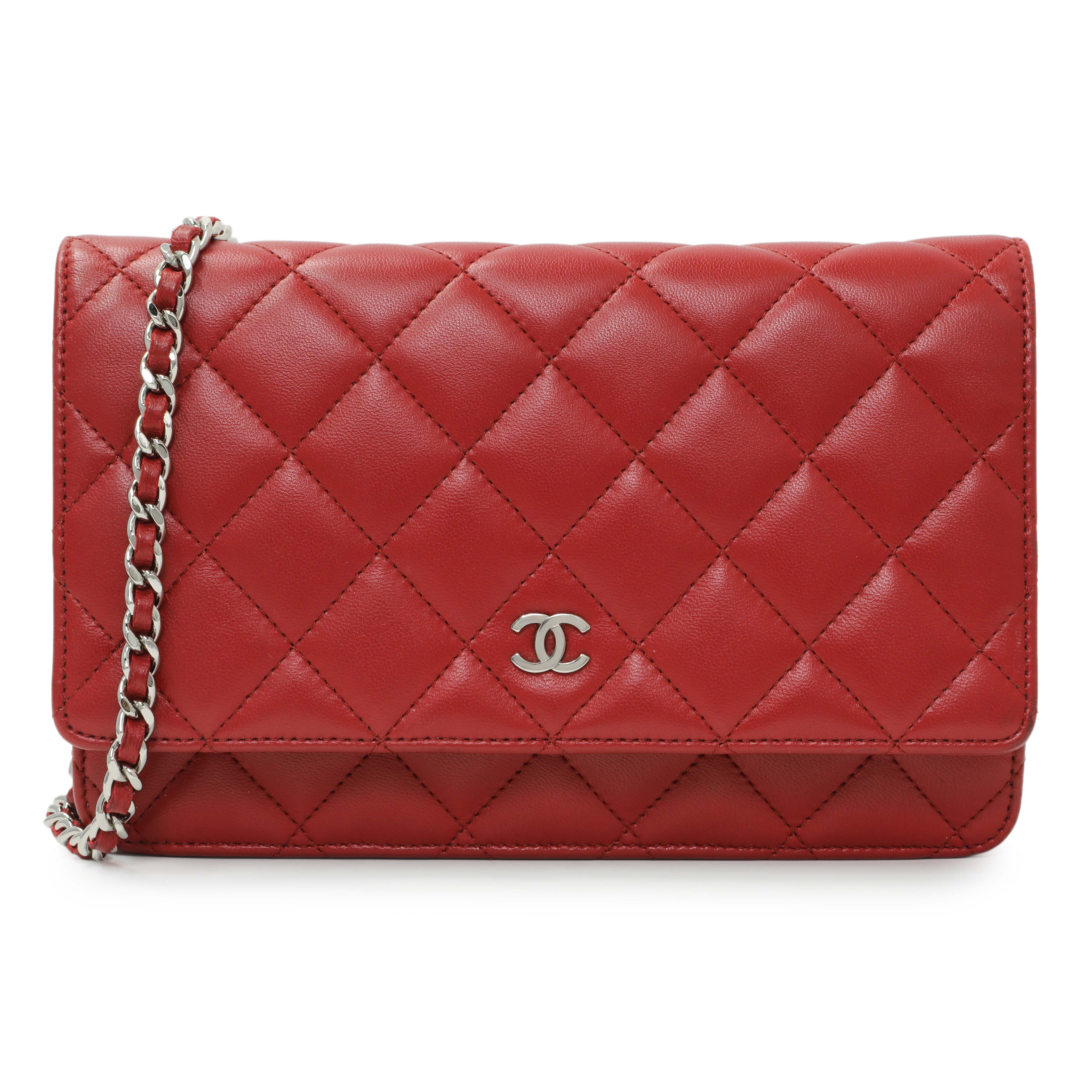 Chanel Red Quilted Calfskin Classic Wallet On Chain