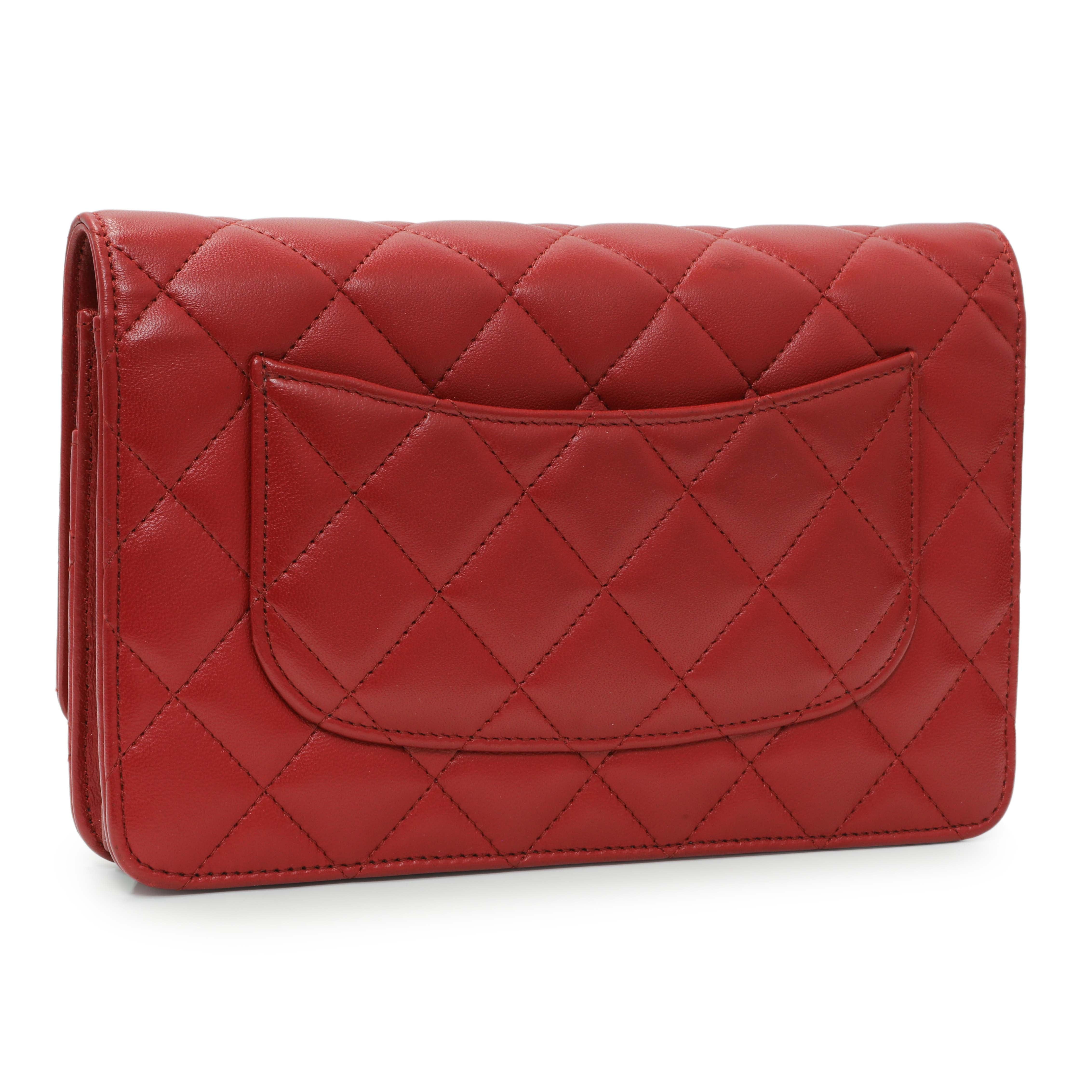 Chanel Red Quilted Calfskin Classic Wallet On Chain