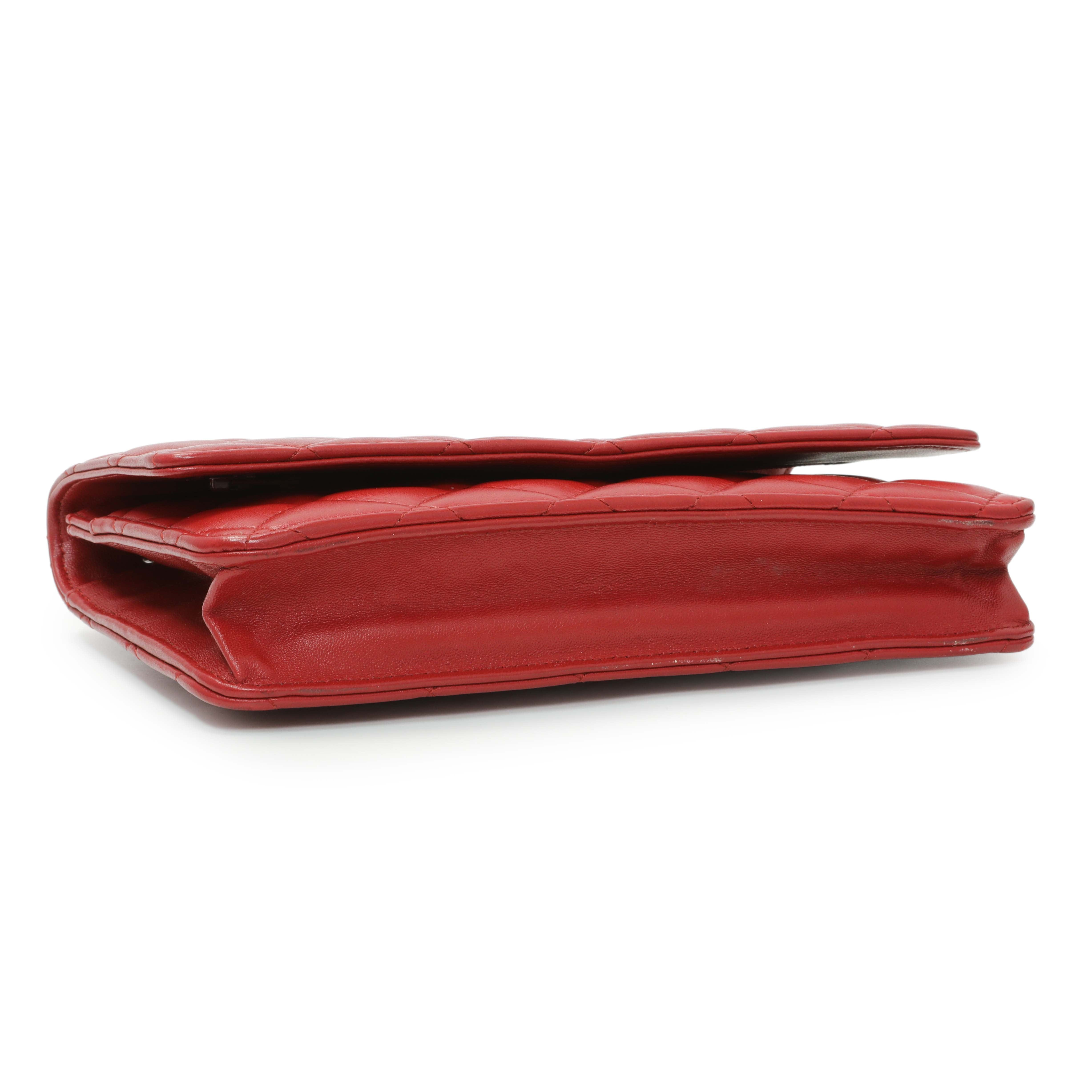 Chanel Red Quilted Calfskin Classic Wallet On Chain