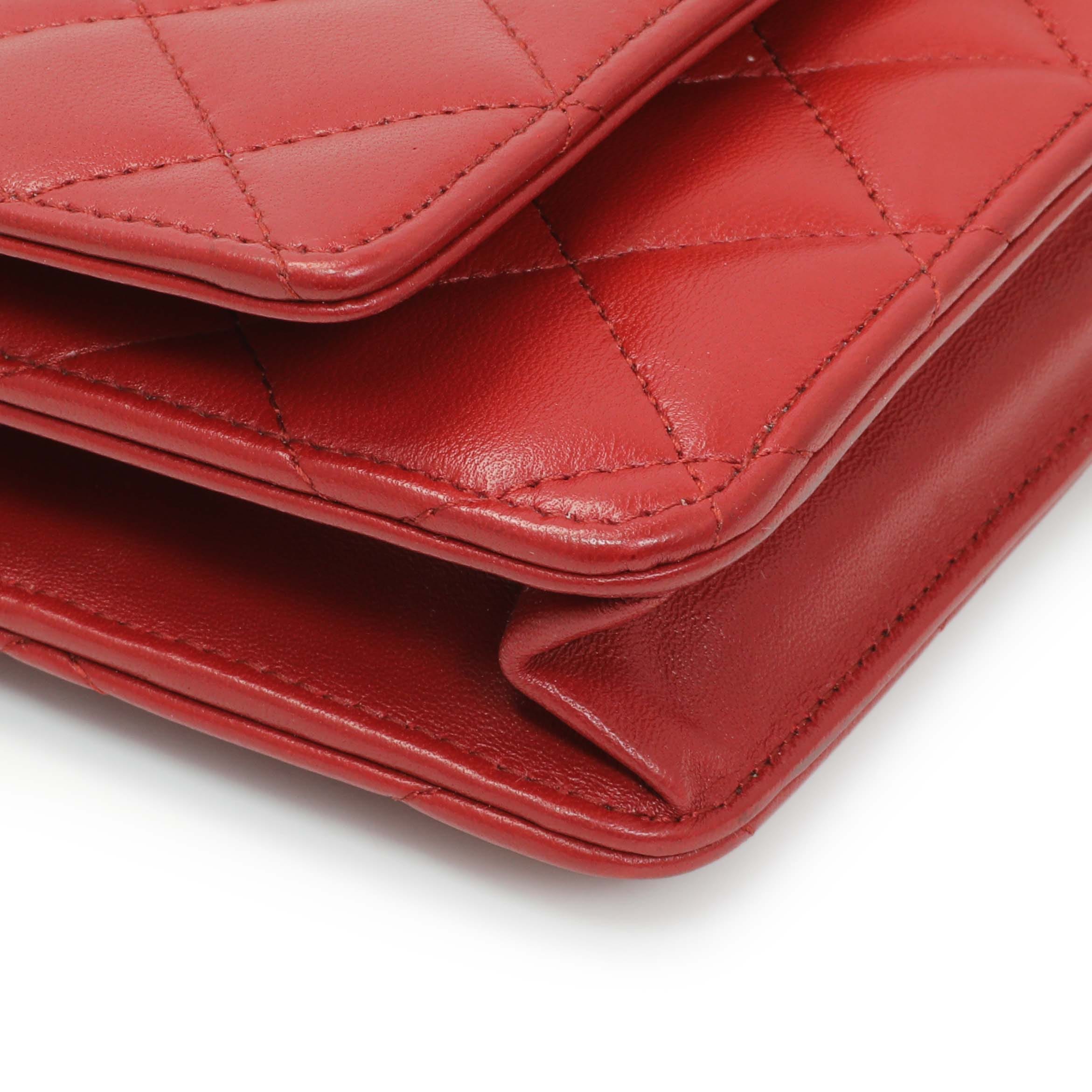 Chanel Red Quilted Calfskin Classic Wallet On Chain