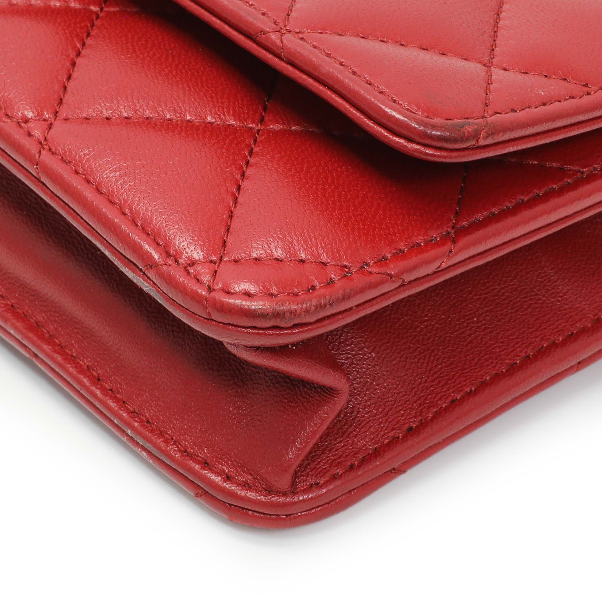 Chanel Red Quilted Calfskin Classic Wallet On Chain