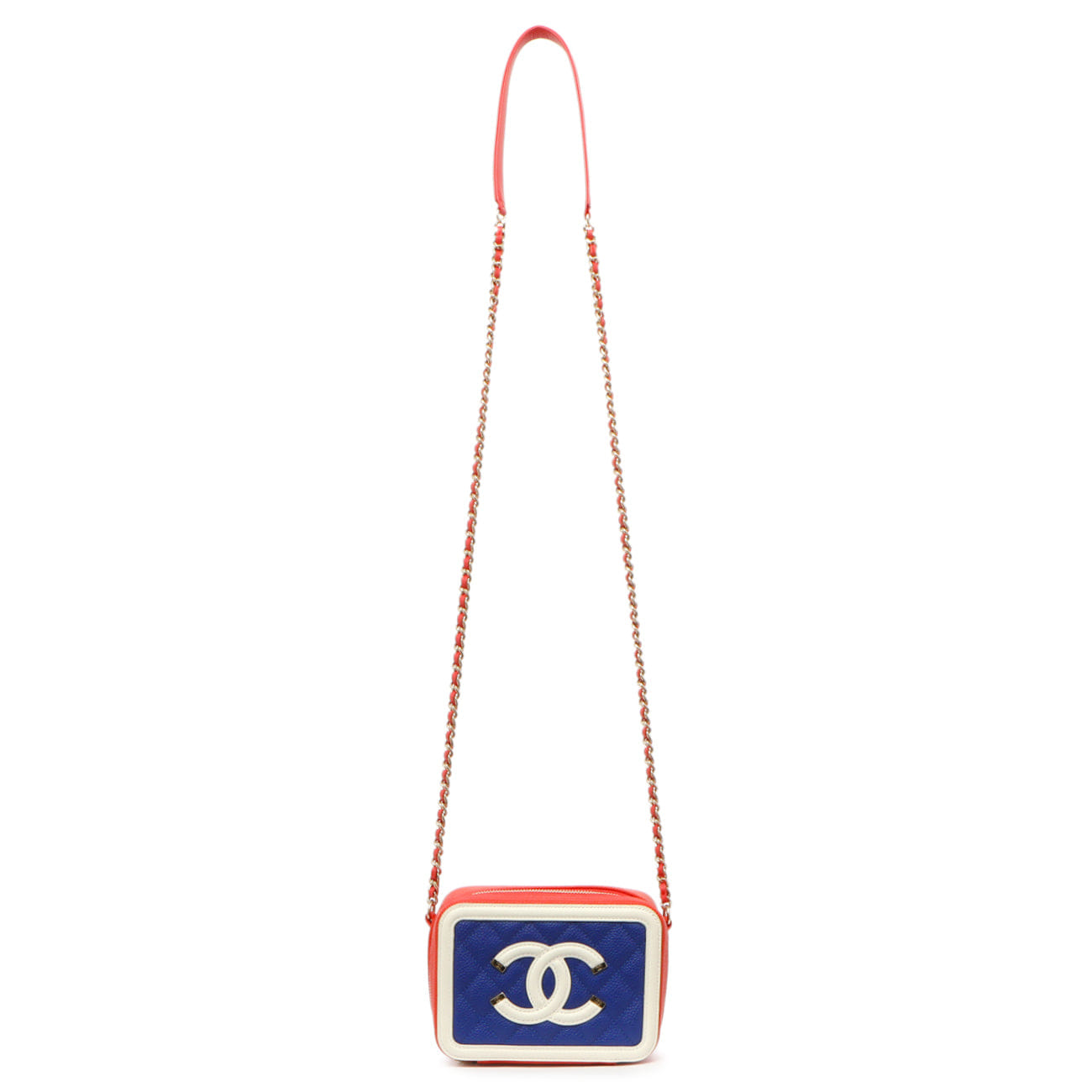 Chanel Blue White Red Caviar Quilted Micro CC Filigree Vanity Case