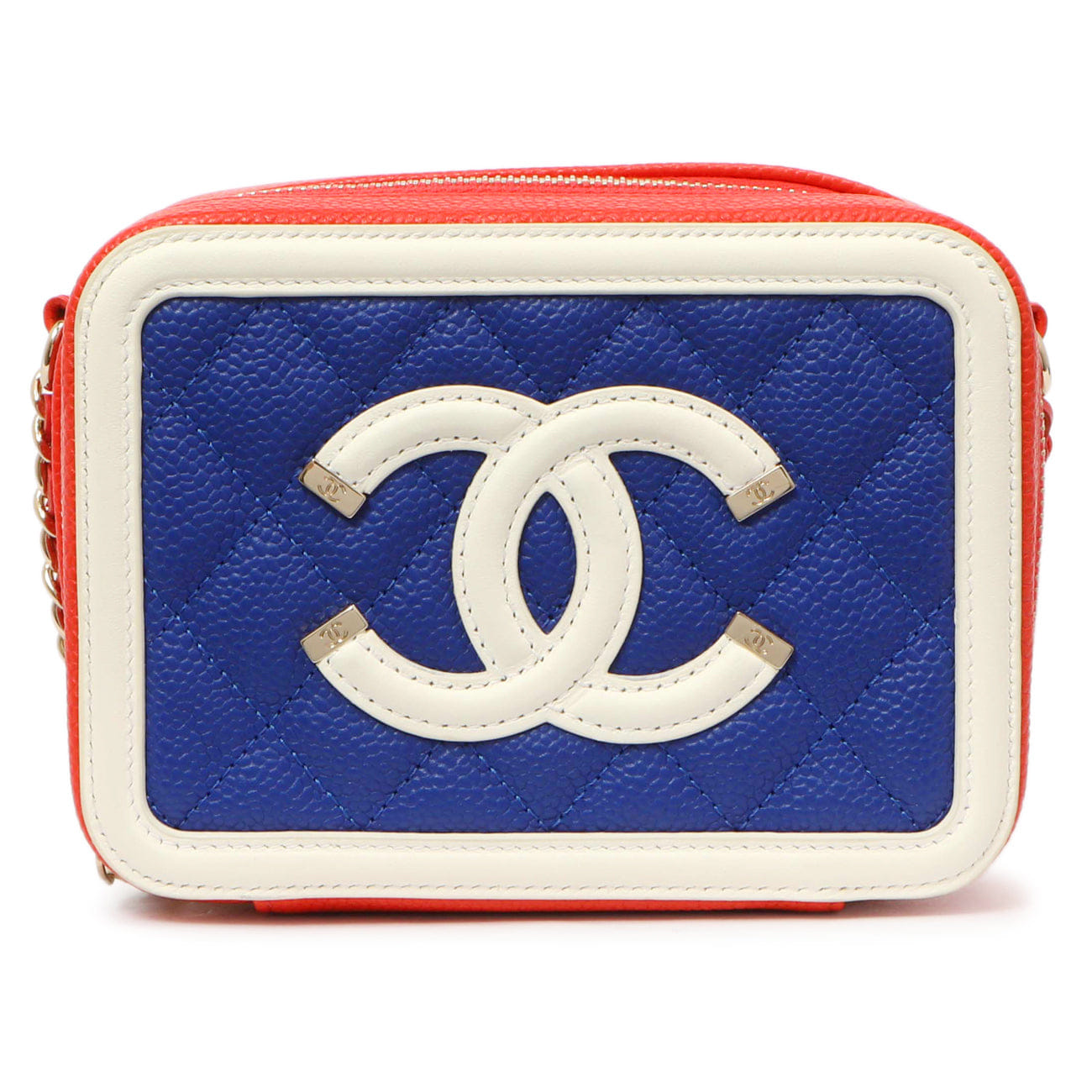 Chanel Blue White Red Caviar Quilted Micro CC Filigree Vanity Case