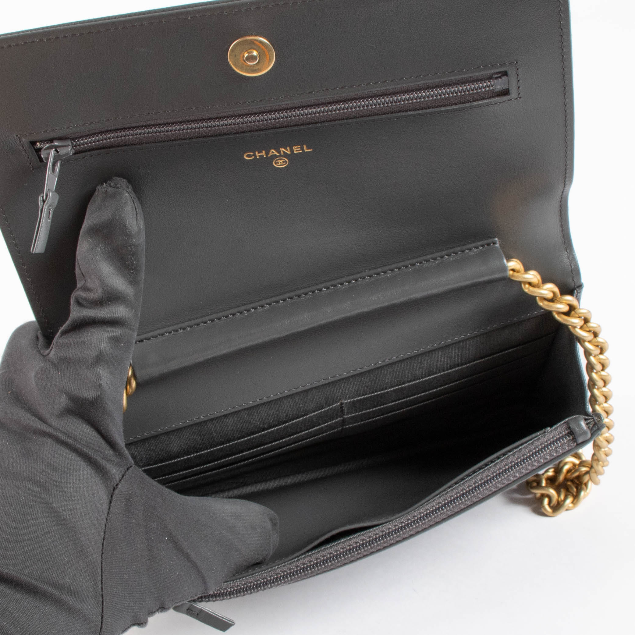 Chanel Grey Chevron Caviar Boy Chanel Wallet On Chain