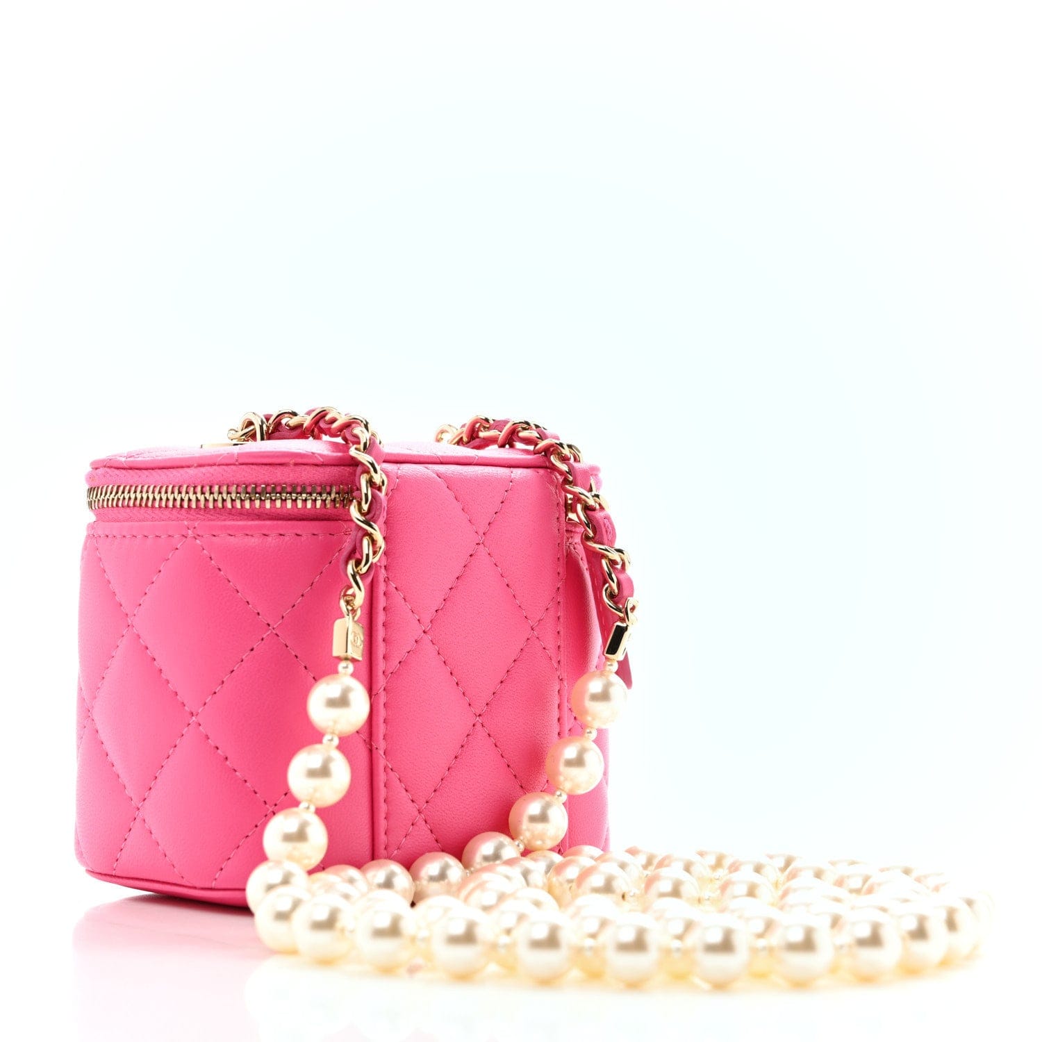 Chanel Lambskin Quilted Mini Vanity Case With Pearl Chain Pink