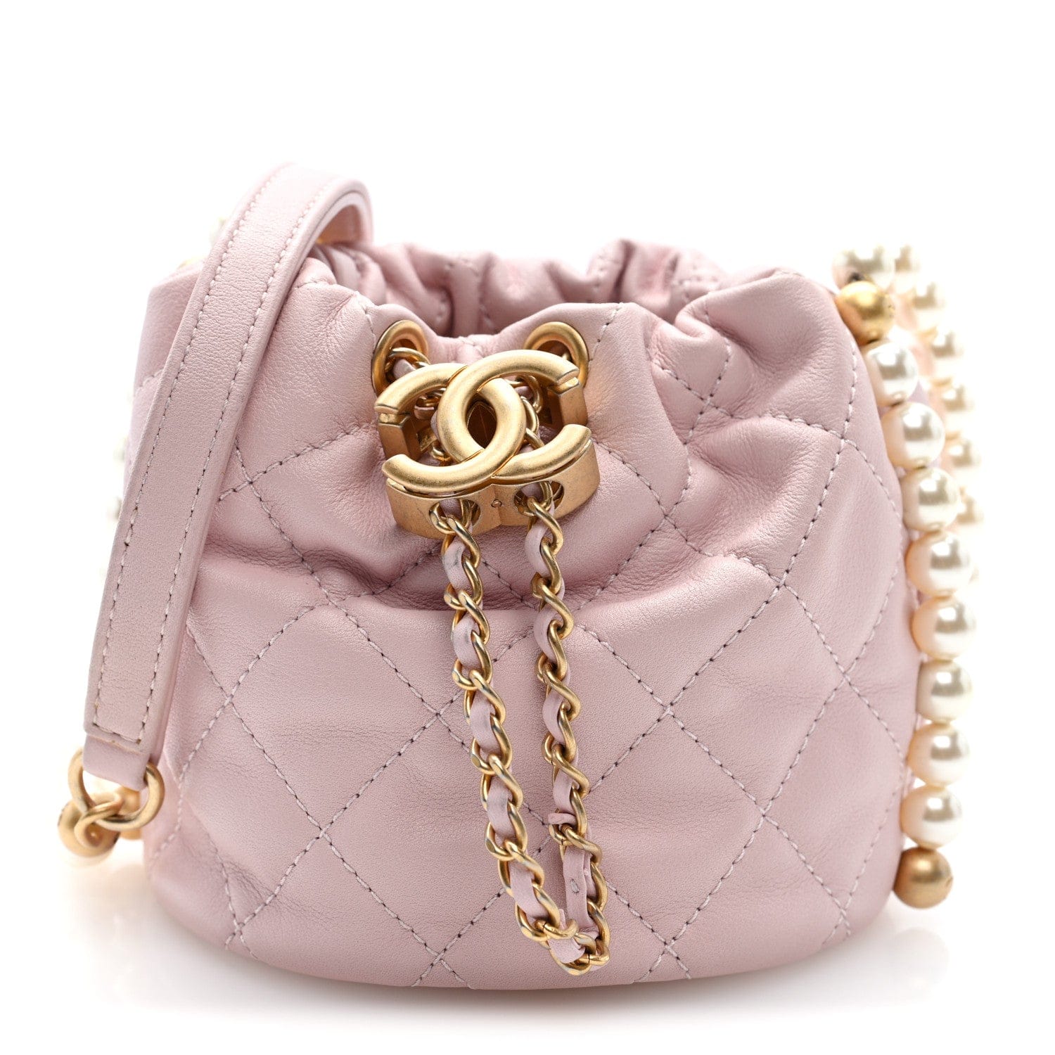 Chanel Calfskin Quilted Pearl Mini About Pearls Drawstring Bucket Light Pink