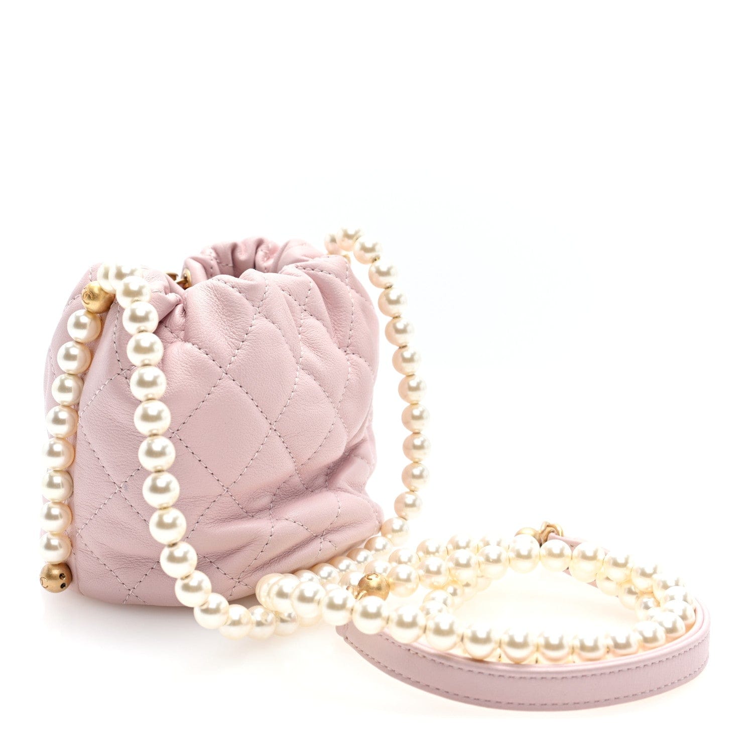 Chanel Calfskin Quilted Pearl Mini About Pearls Drawstring Bucket Light Pink
