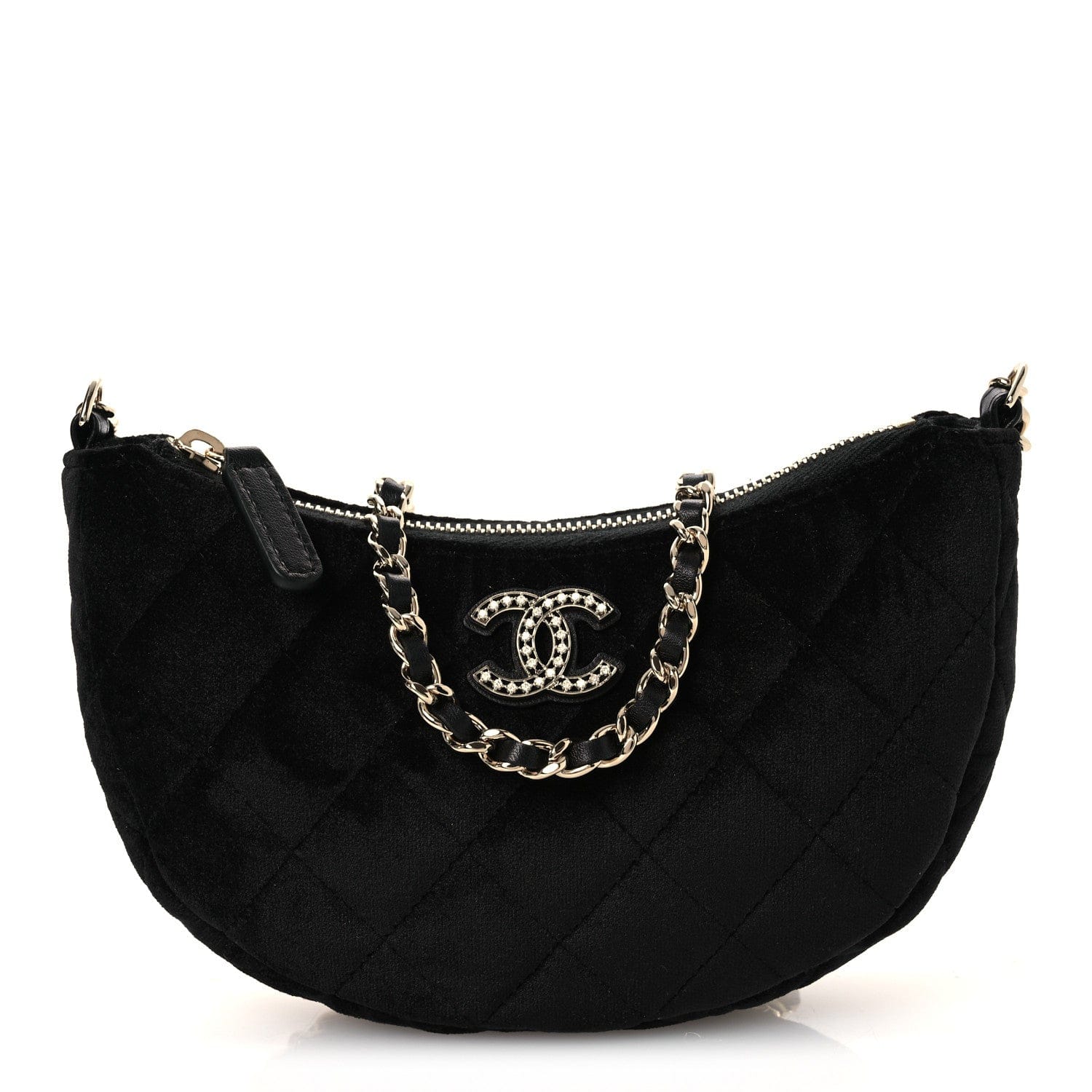 Chanel Velvet Crystal Quilted Chain Hobo Black