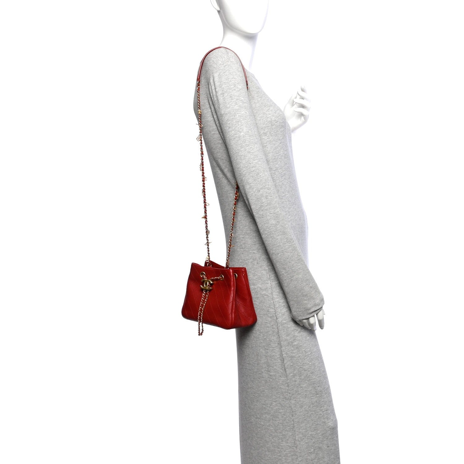 Chanel Calfskin Stitched Small Egyptian Amulet Drawstring Bag Red