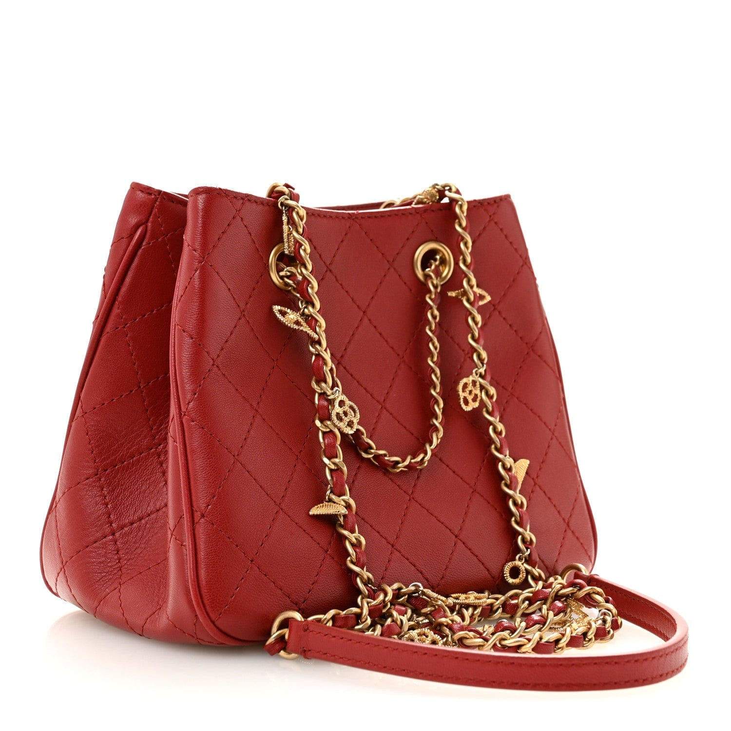Chanel Calfskin Stitched Small Egyptian Amulet Drawstring Bag Red