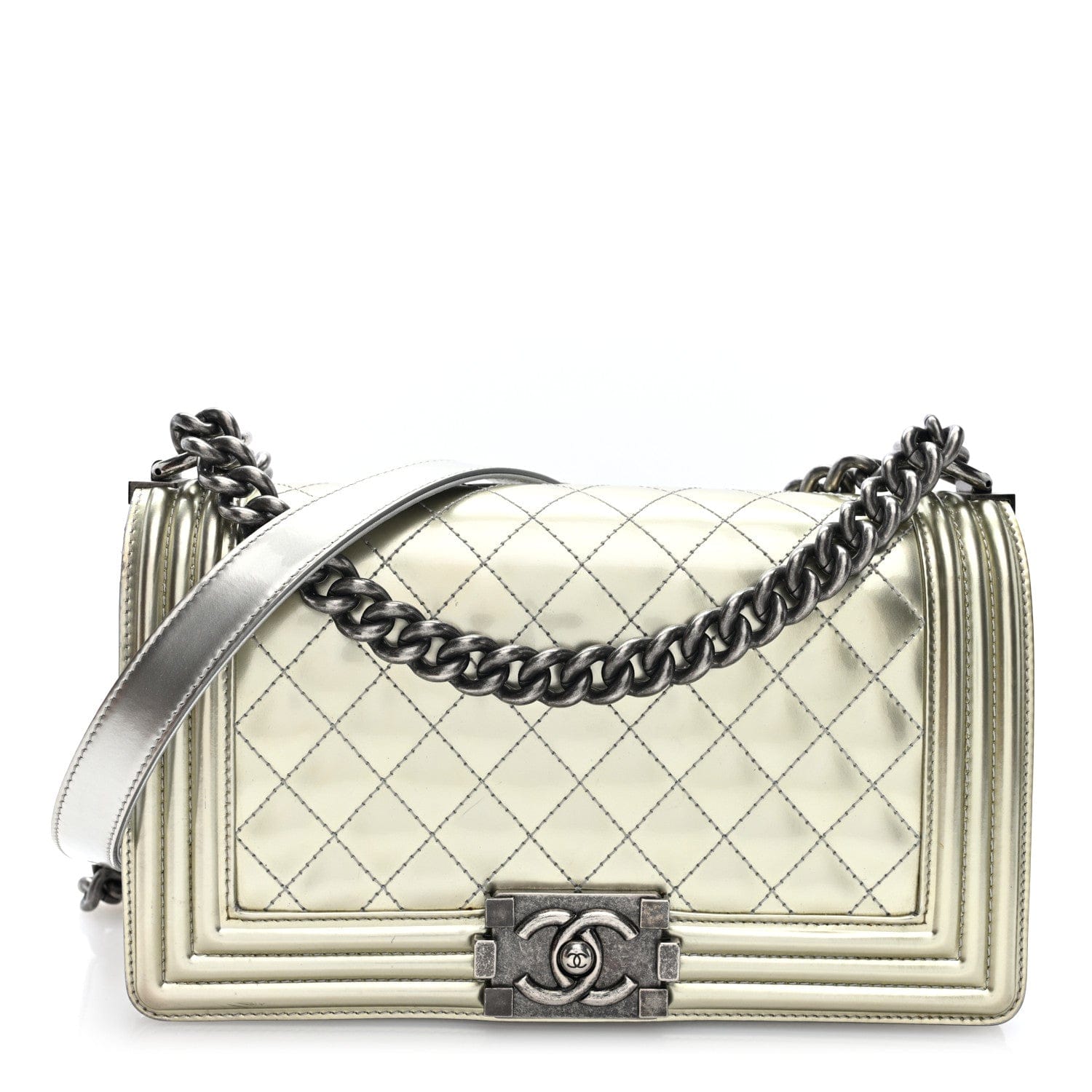 Chanel Metallic Patent Calfskin Quilted Medium Boy Flap Silver