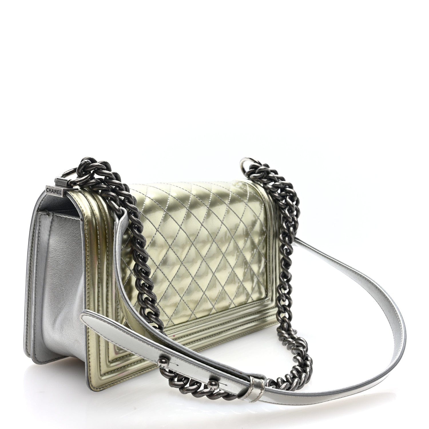 Chanel Metallic Patent Calfskin Quilted Medium Boy Flap Silver