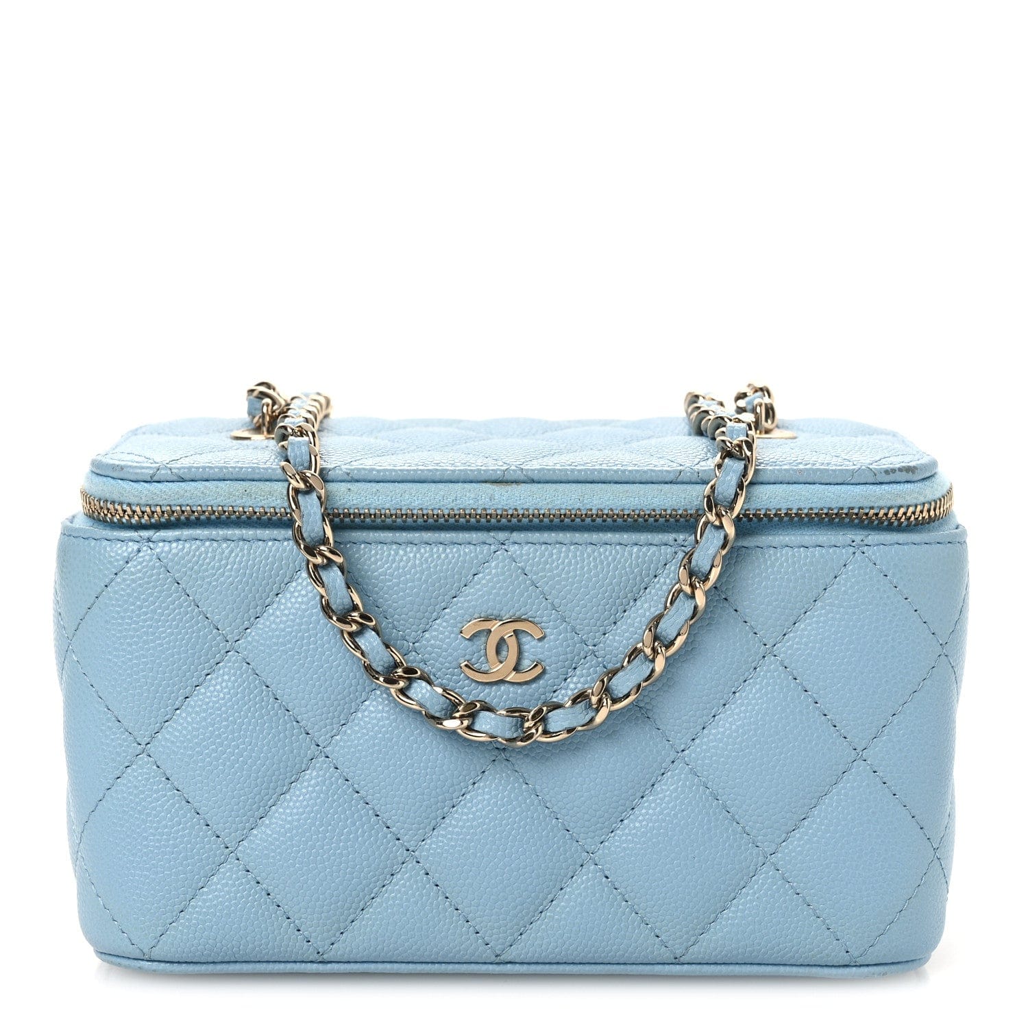Chanel Caviar Quilted Small Tiny CC Vanity Case With Chain Light Blue