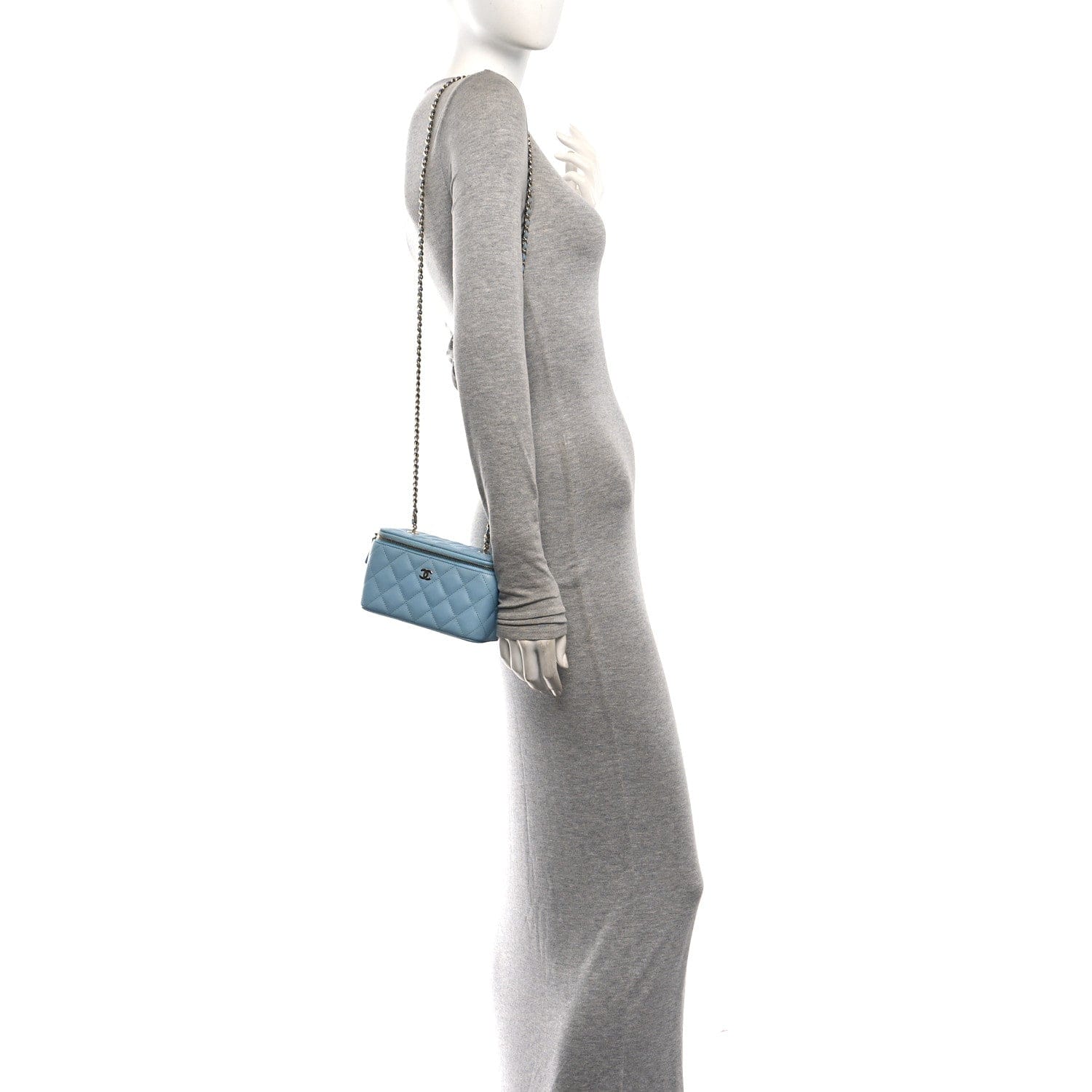 Chanel Caviar Quilted Small Tiny CC Vanity Case With Chain Light Blue