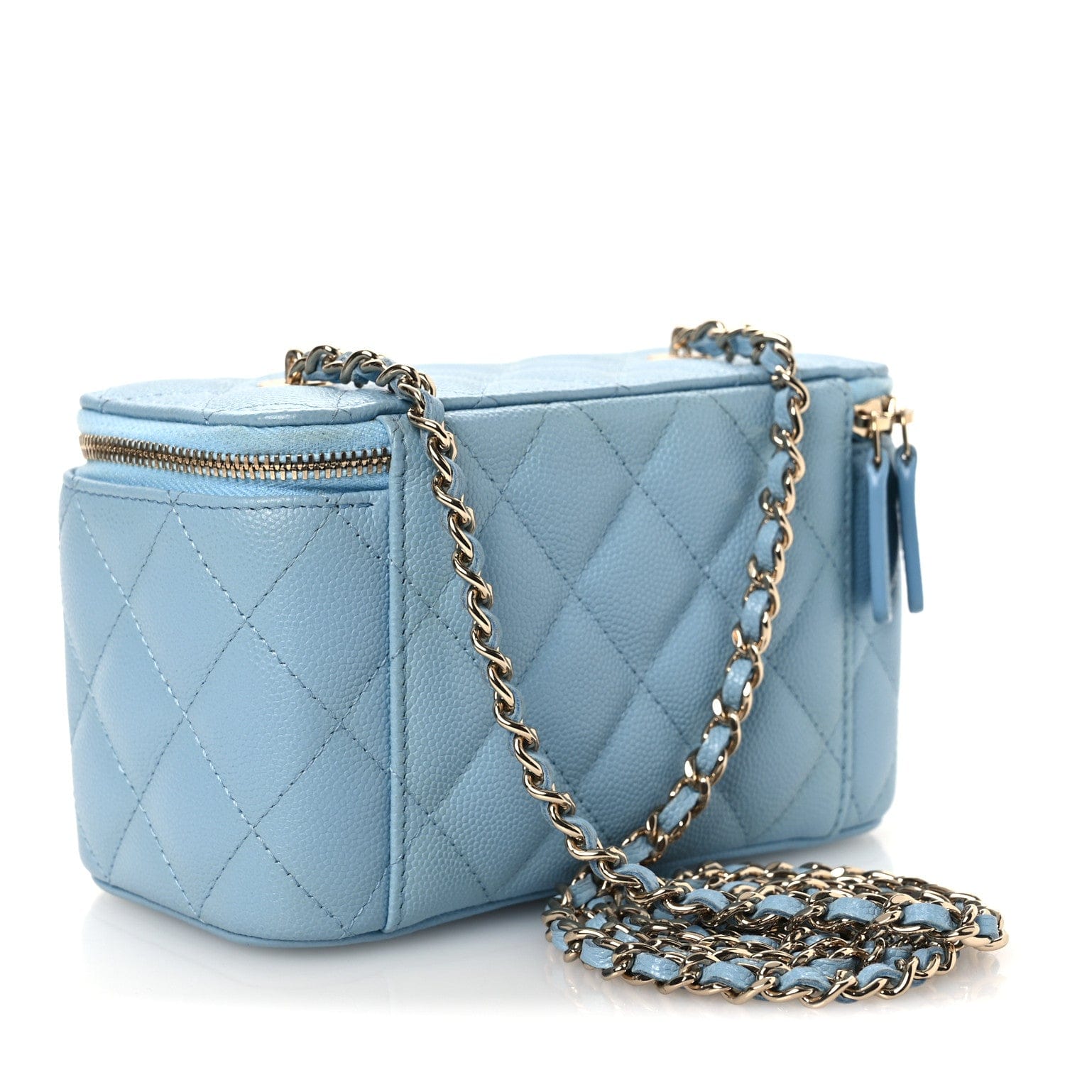 Chanel Caviar Quilted Small Tiny CC Vanity Case With Chain Light Blue