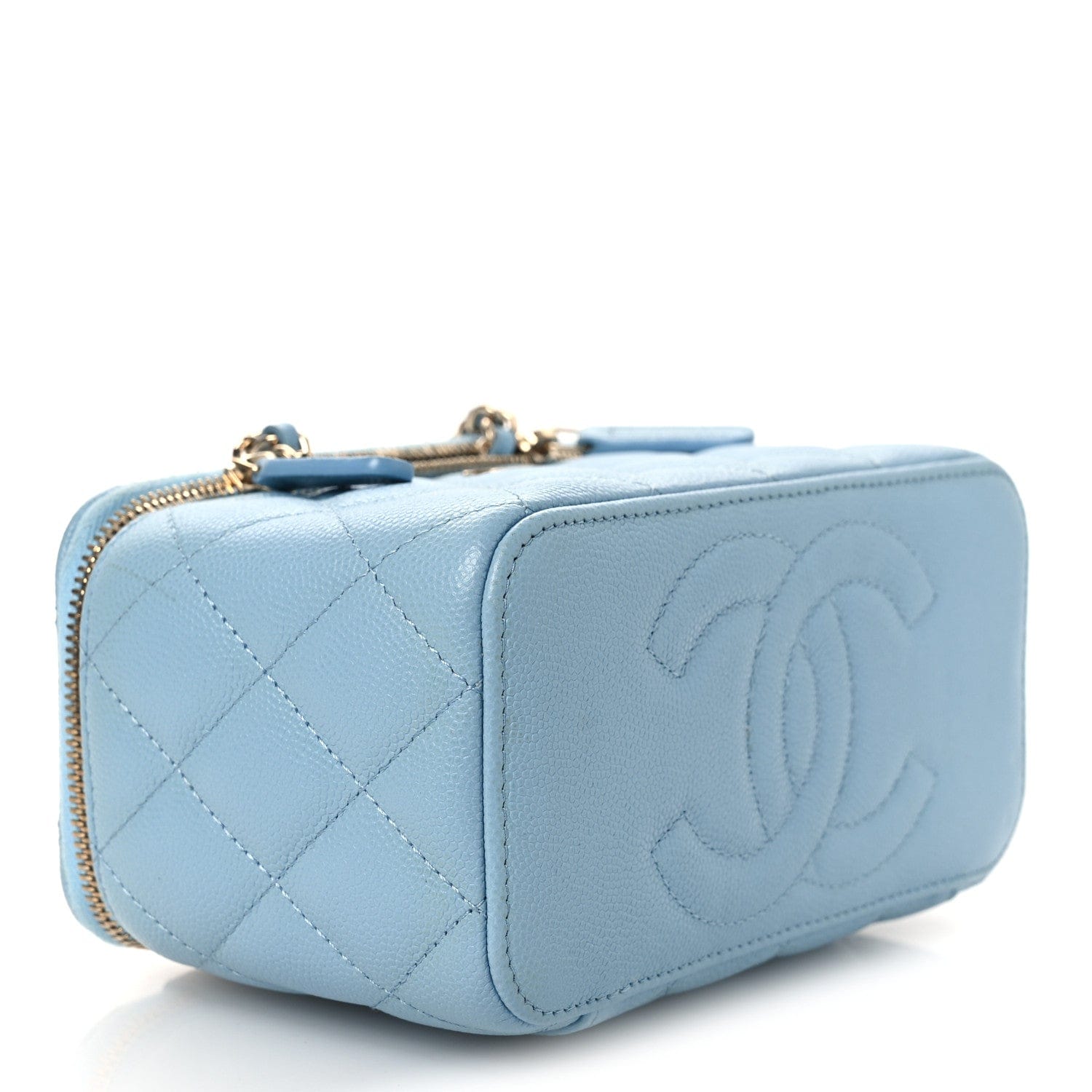 Chanel Caviar Quilted Small Tiny CC Vanity Case With Chain Light Blue