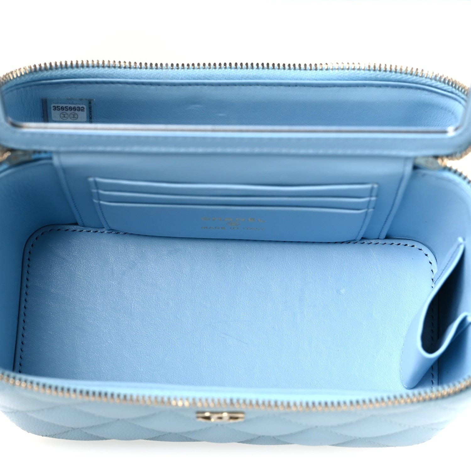 Chanel Caviar Quilted Small Tiny CC Vanity Case With Chain Light Blue