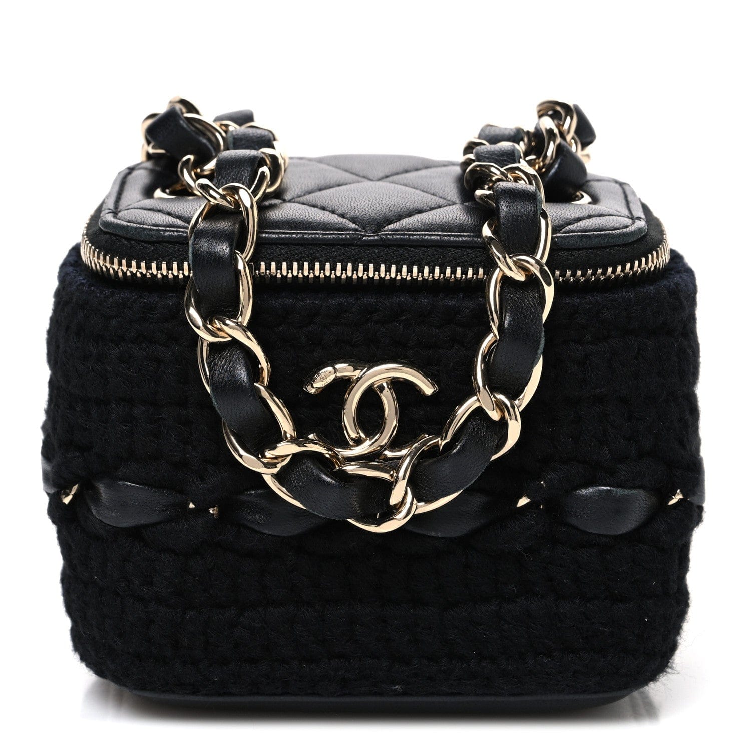Chanel Lambskin Crochet Quilted Mini Vanity Case With Chain Black
