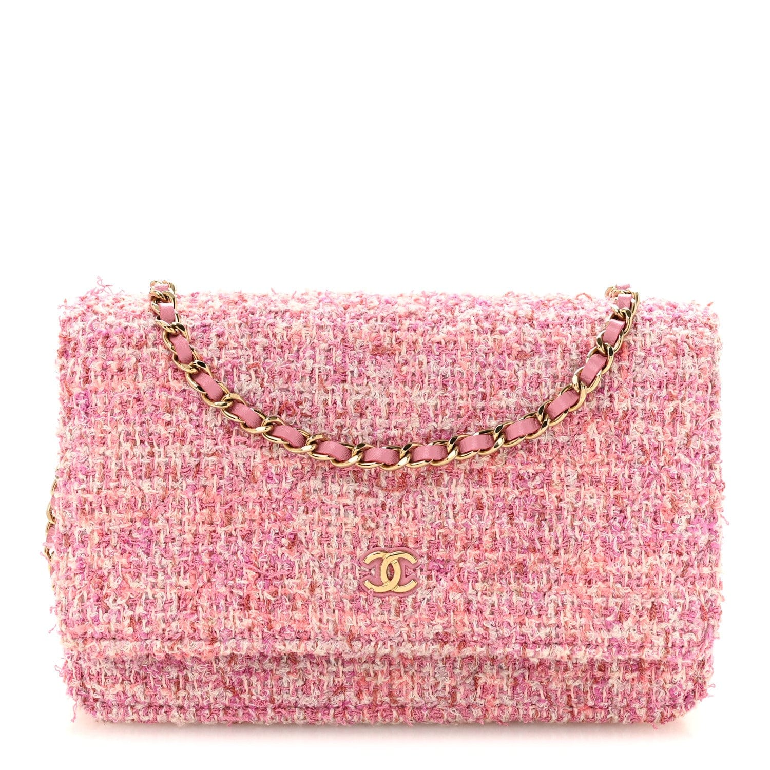Chanel Tweed Quilted Wallet On Chain WOC Pink