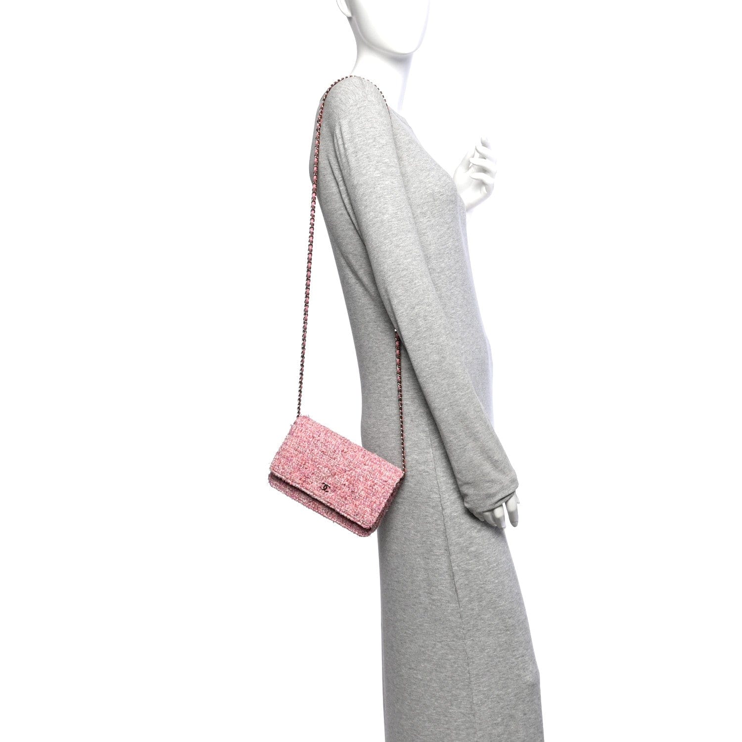 Chanel Tweed Quilted Wallet On Chain WOC Pink