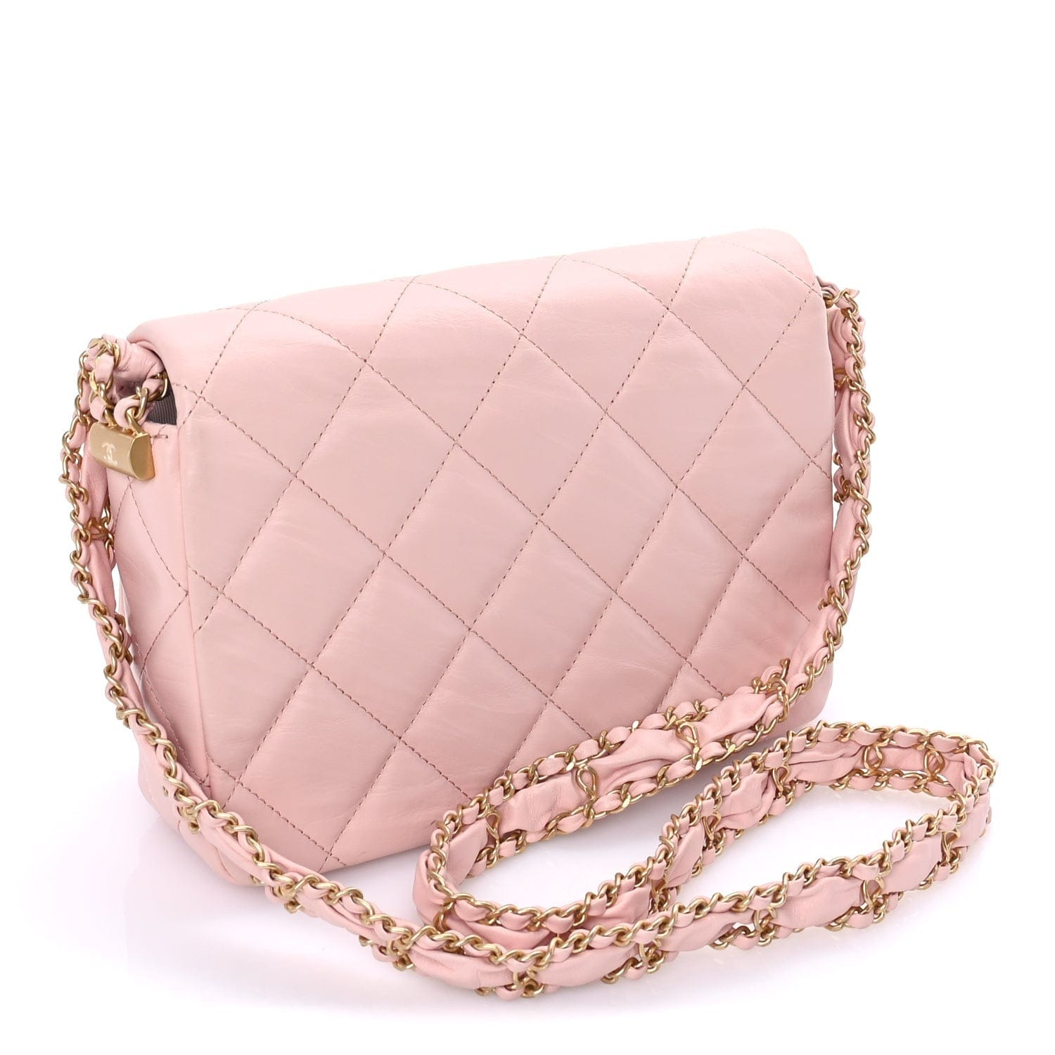 Chanel Crumpled Calfskin Quilted Braided CC Flap Light Pink