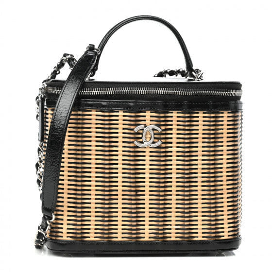 Chanel Glazed Calfskin Raffia Vanity Case Bag Black Beige