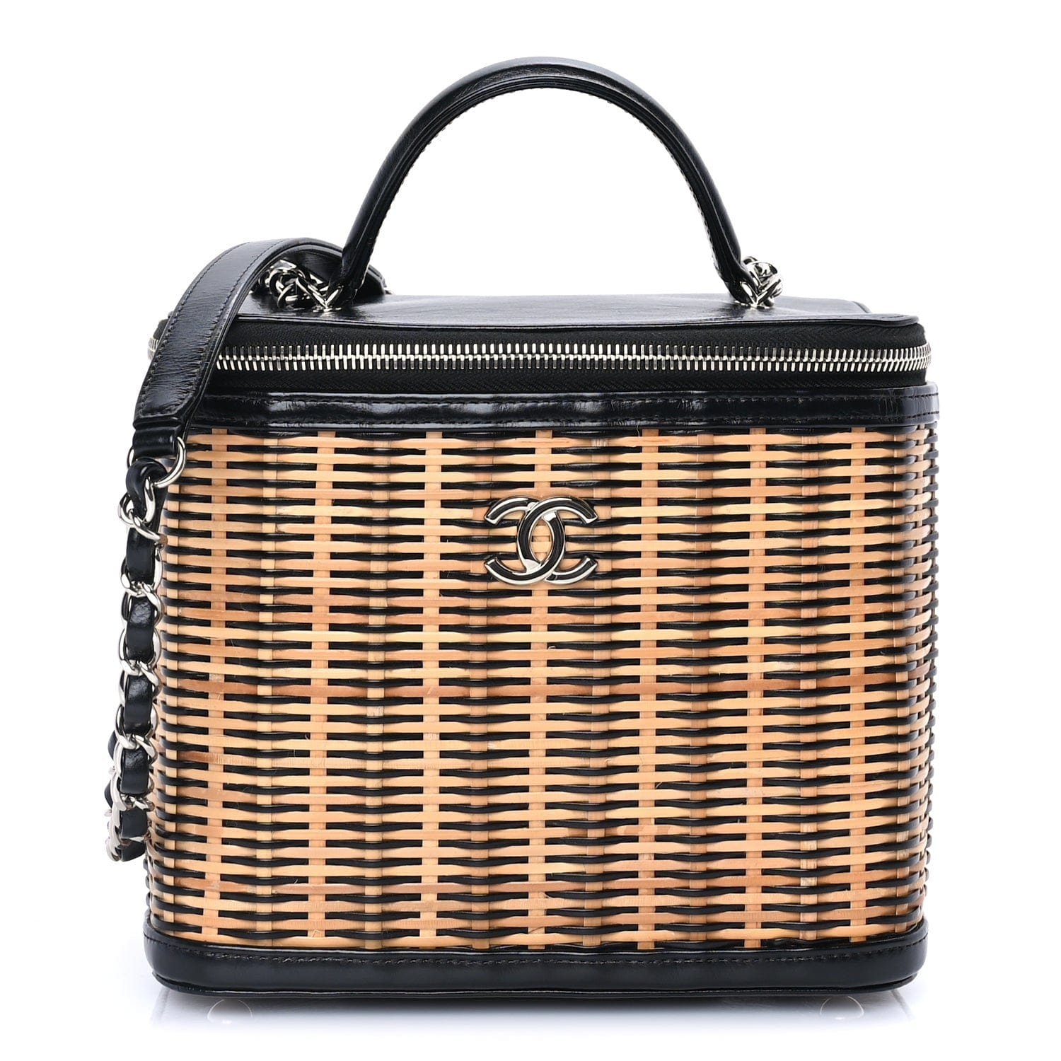 Chanel Glazed Calfskin Raffia Vanity Case Bag Black Beige