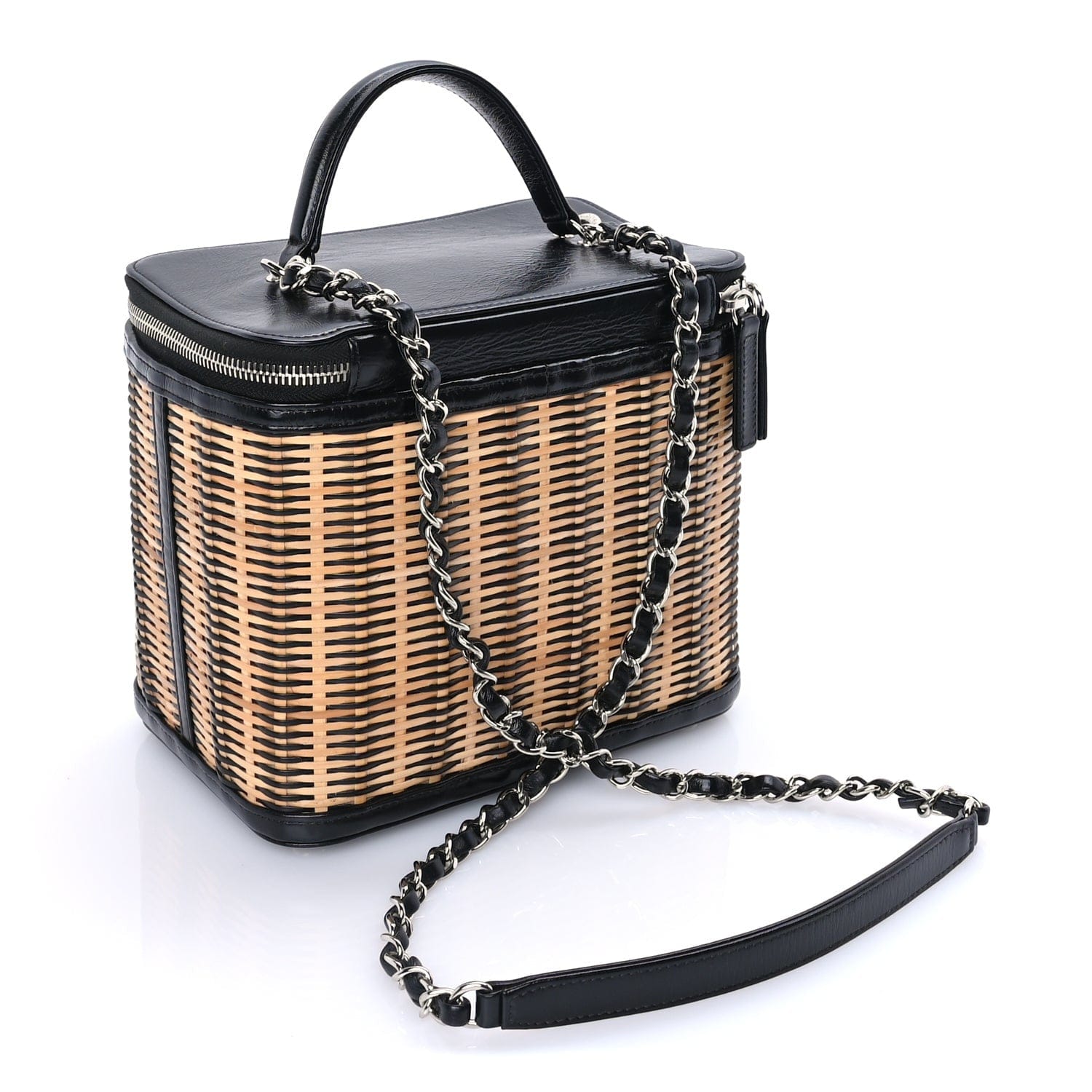 Chanel Glazed Calfskin Raffia Vanity Case Bag Black Beige
