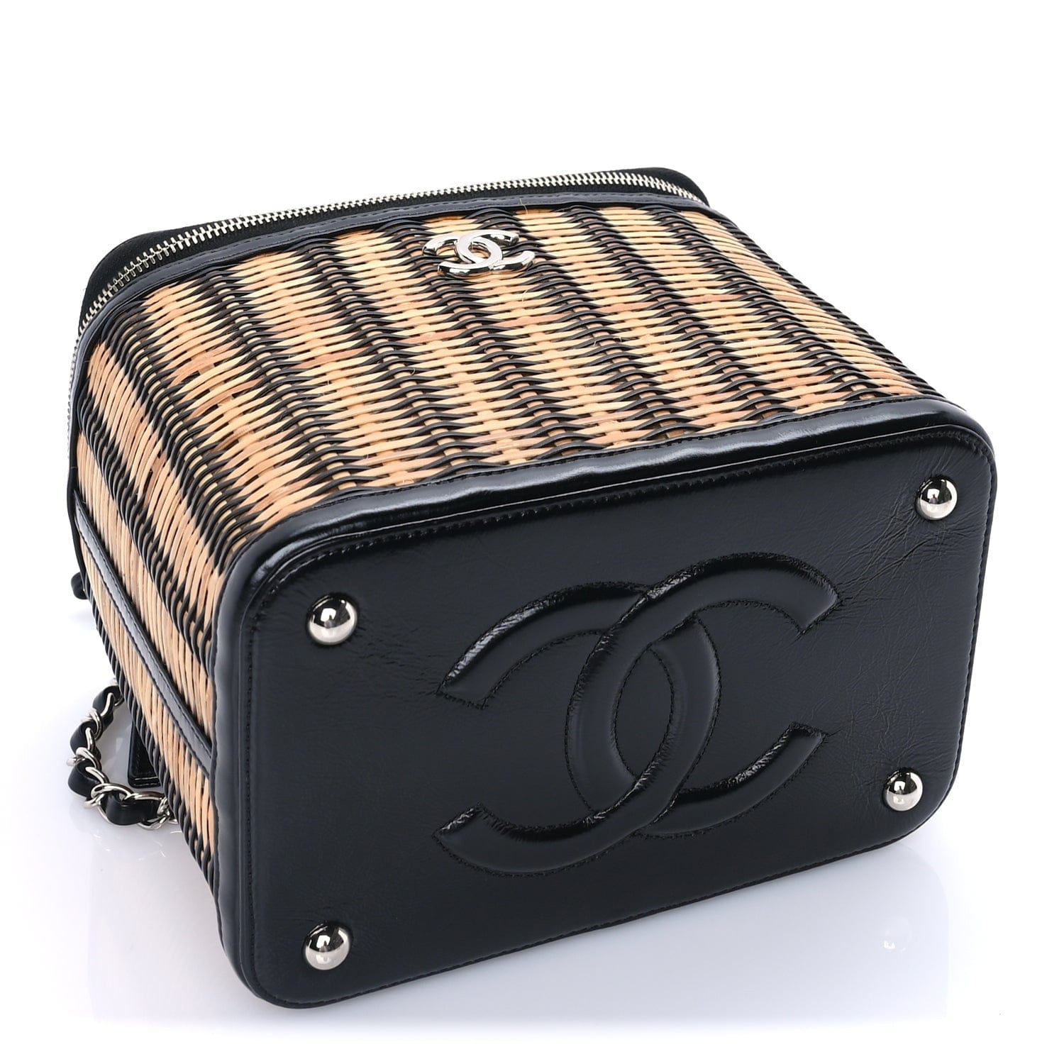 Chanel Glazed Calfskin Raffia Vanity Case Bag Black Beige