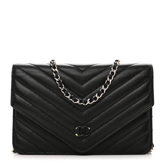 Chanel Sheepskin Chevron Wallet On Chain WOC Black