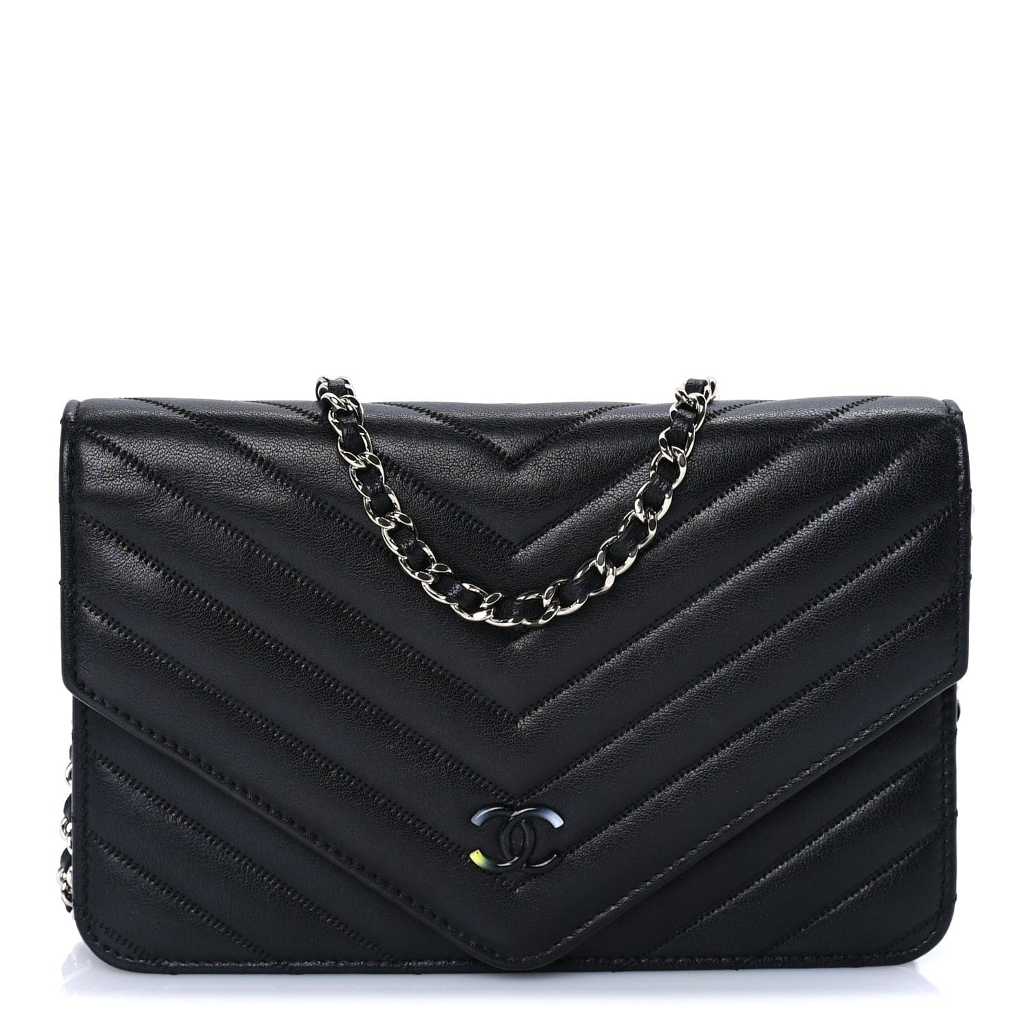 Chanel Sheepskin Chevron Wallet On Chain WOC Black