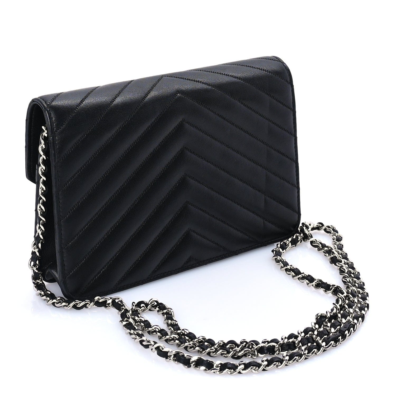 Chanel Sheepskin Chevron Wallet On Chain WOC Black