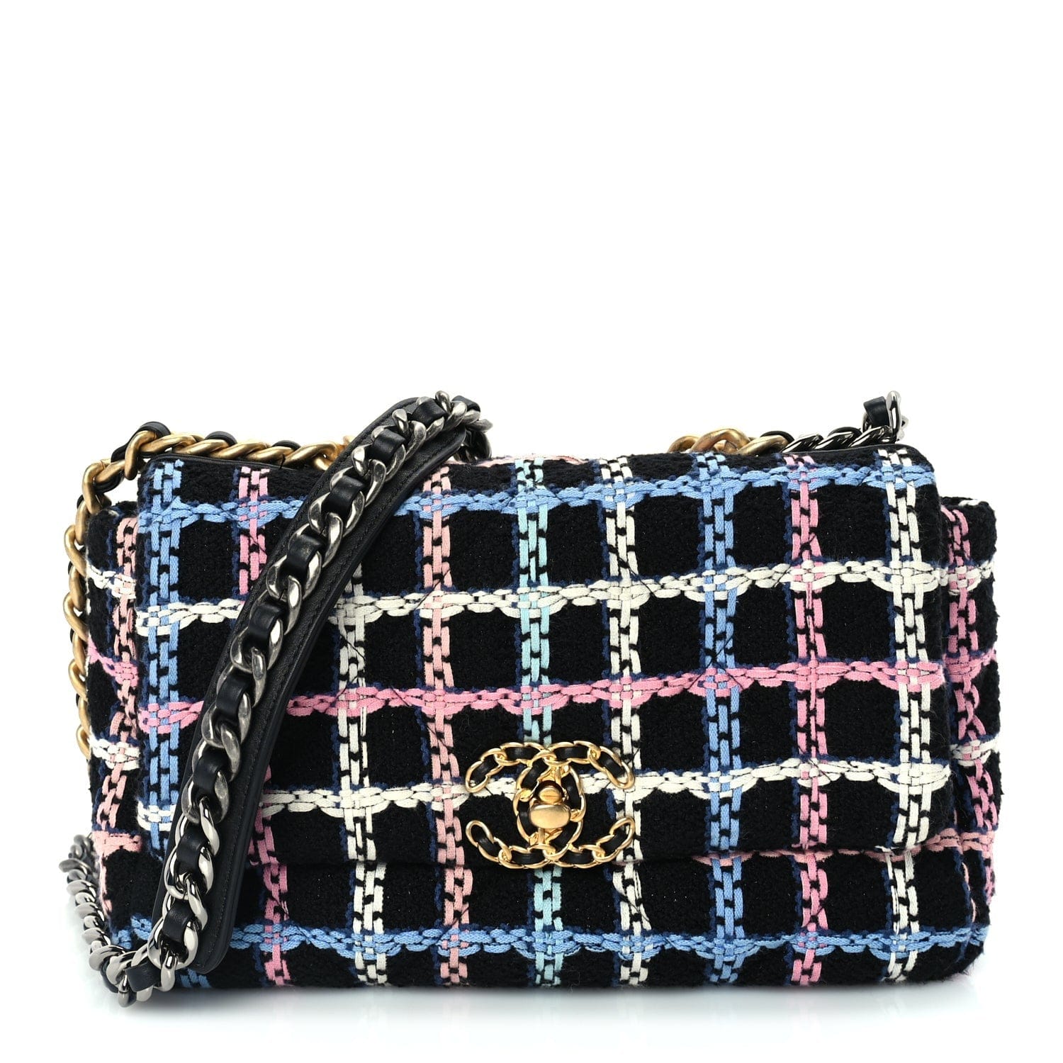 Chanel Tweed Quilted Medium 19 Flap Black Blue Pink