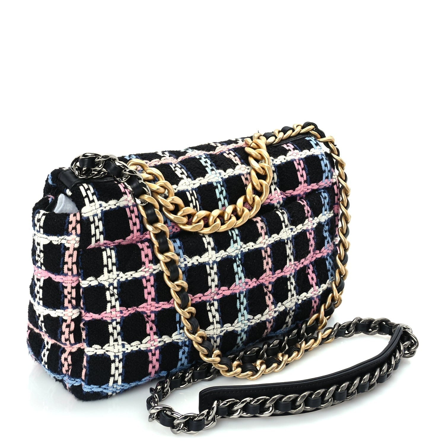 Chanel Tweed Quilted Medium 19 Flap Black Blue Pink