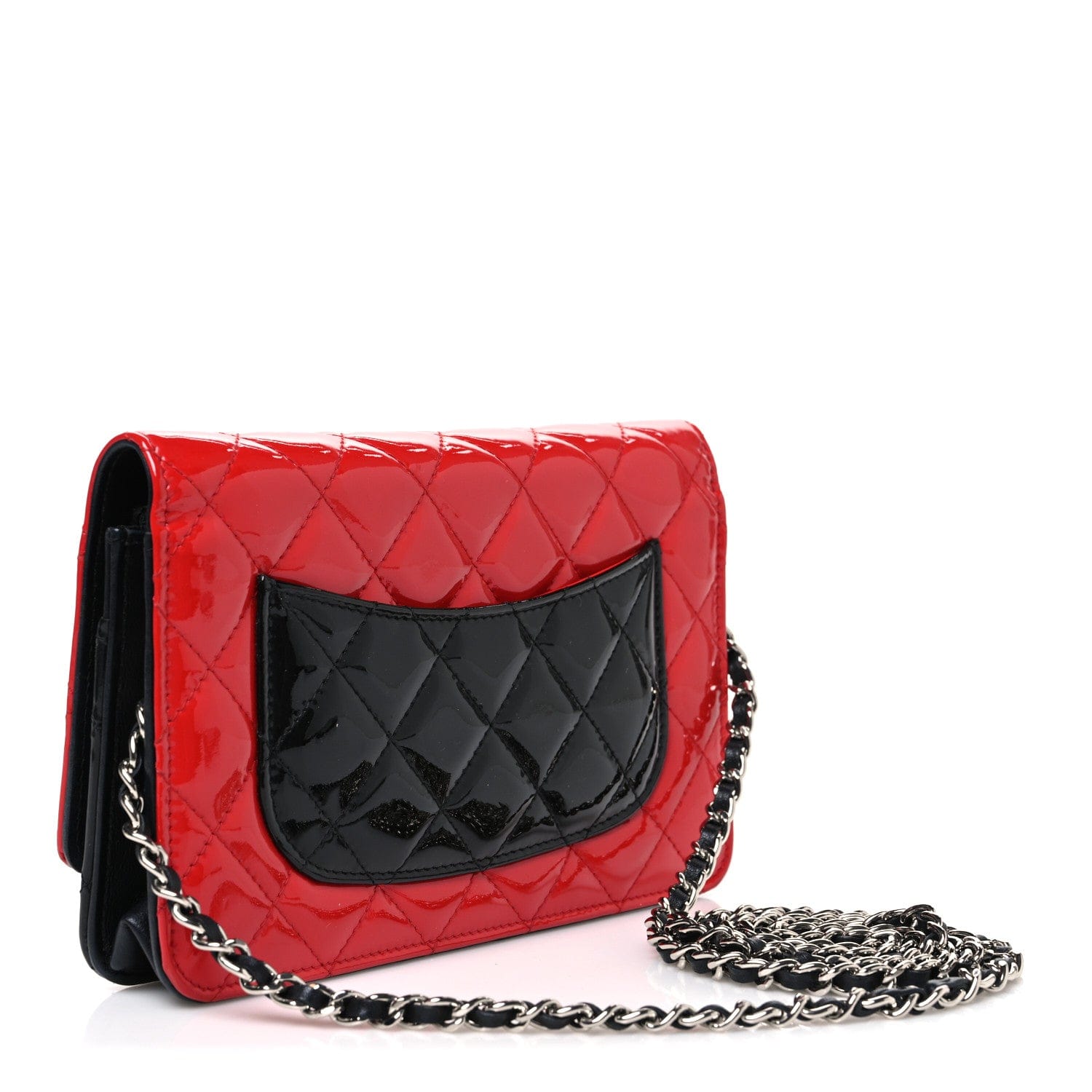 Chanel Patent Quilted Bi - Color Wallet On Chain WOC Red Black