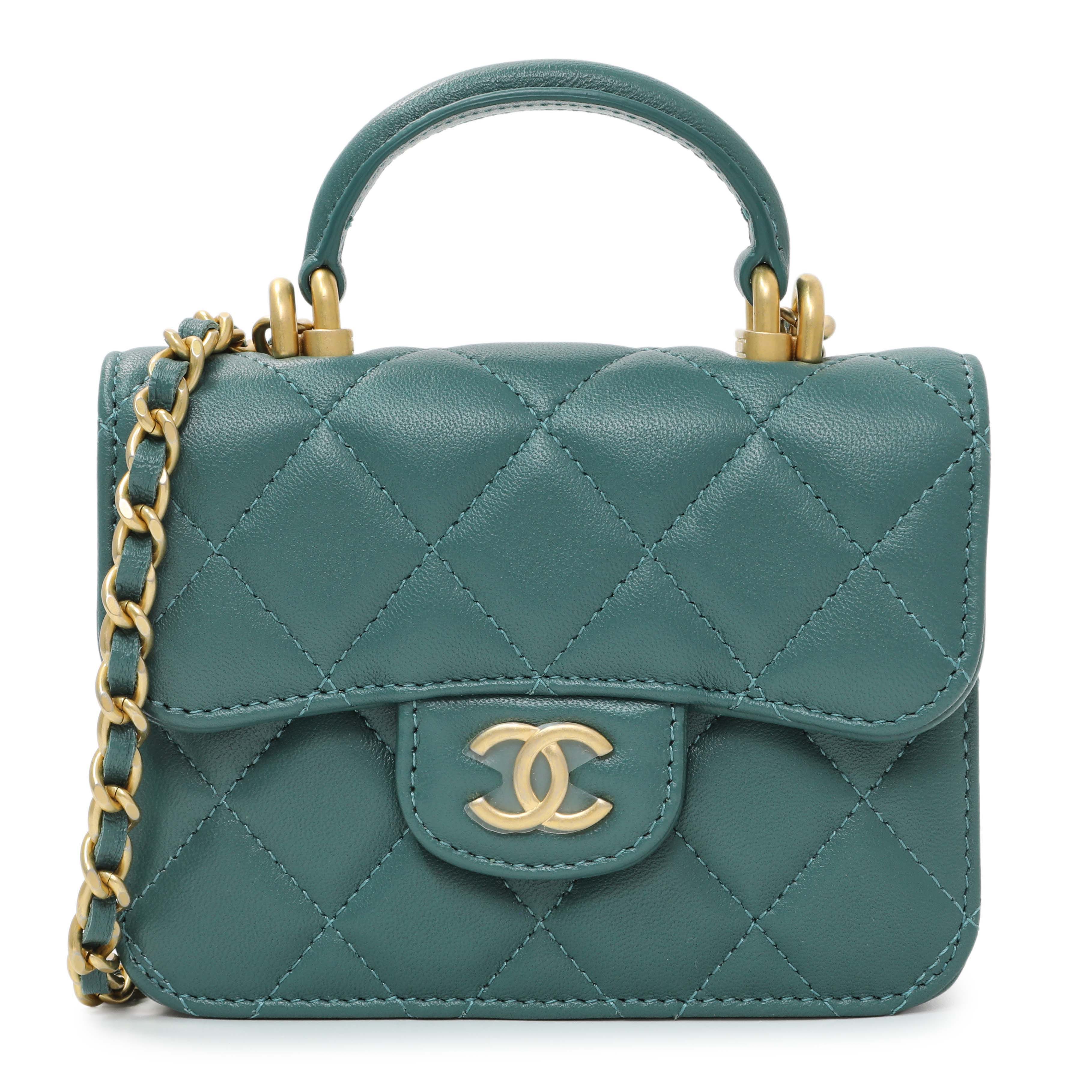 Chanel Teal Lambskin Top Handle Flap Coin Purse With Chain