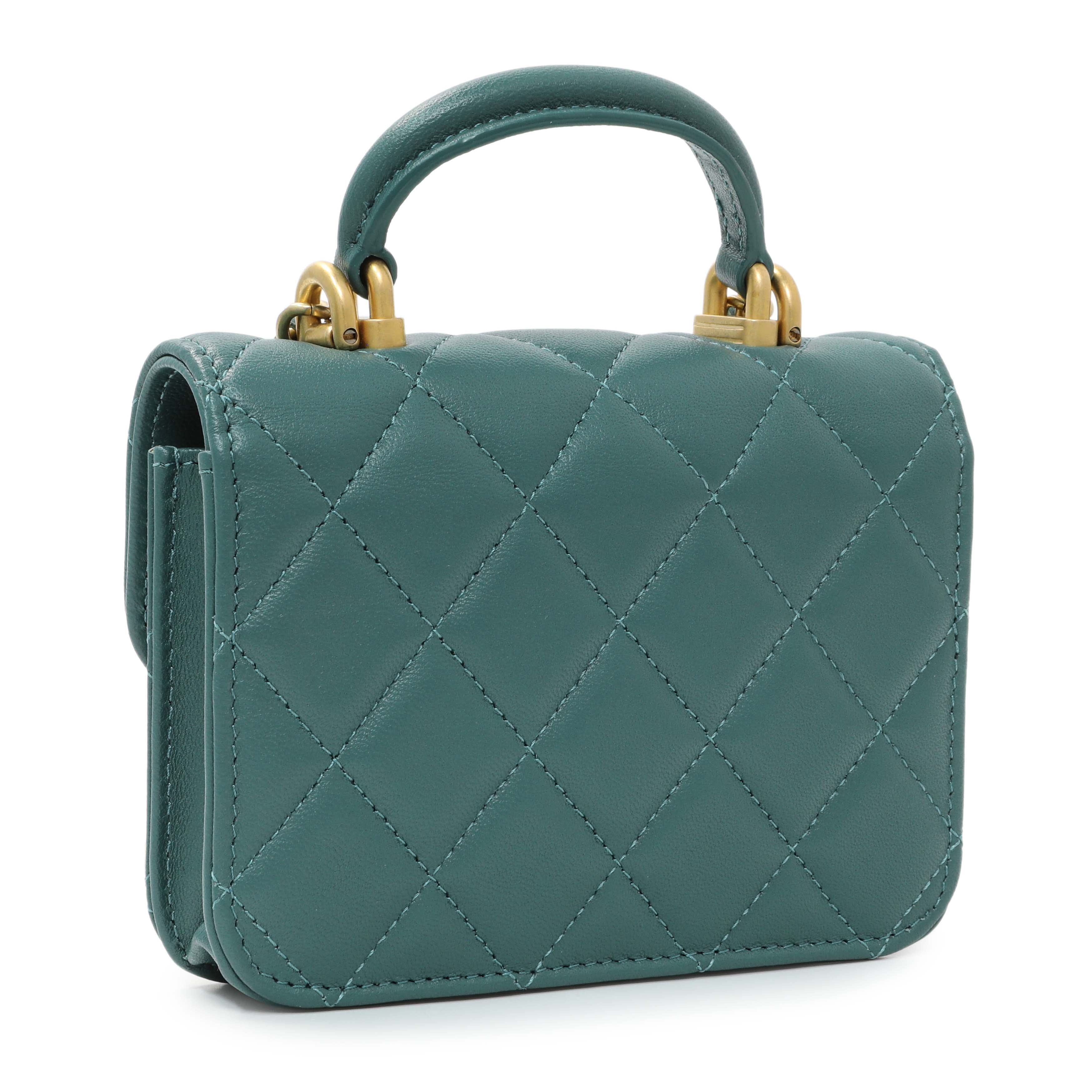Chanel Teal Lambskin Top Handle Flap Coin Purse With Chain
