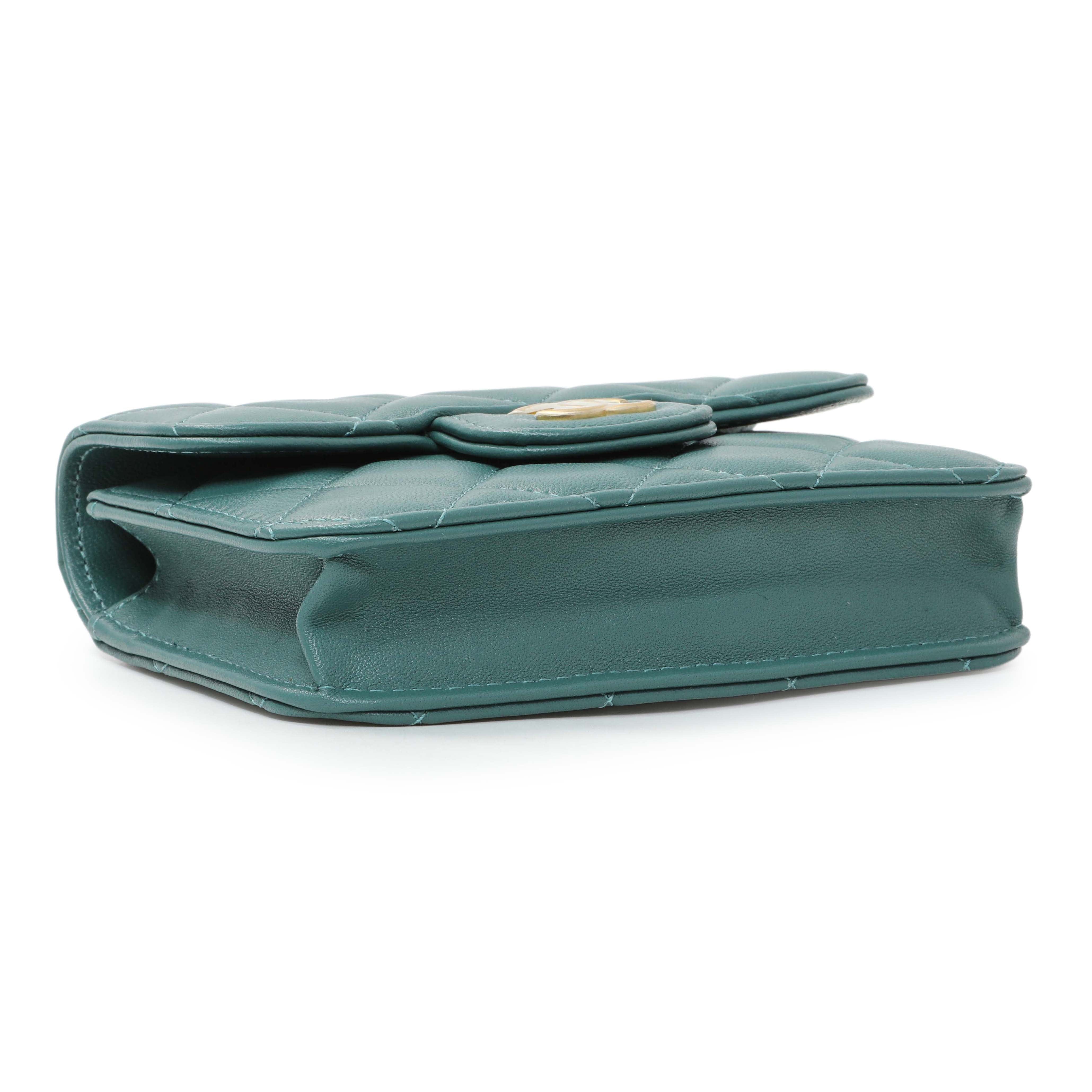 Chanel Teal Lambskin Top Handle Flap Coin Purse With Chain