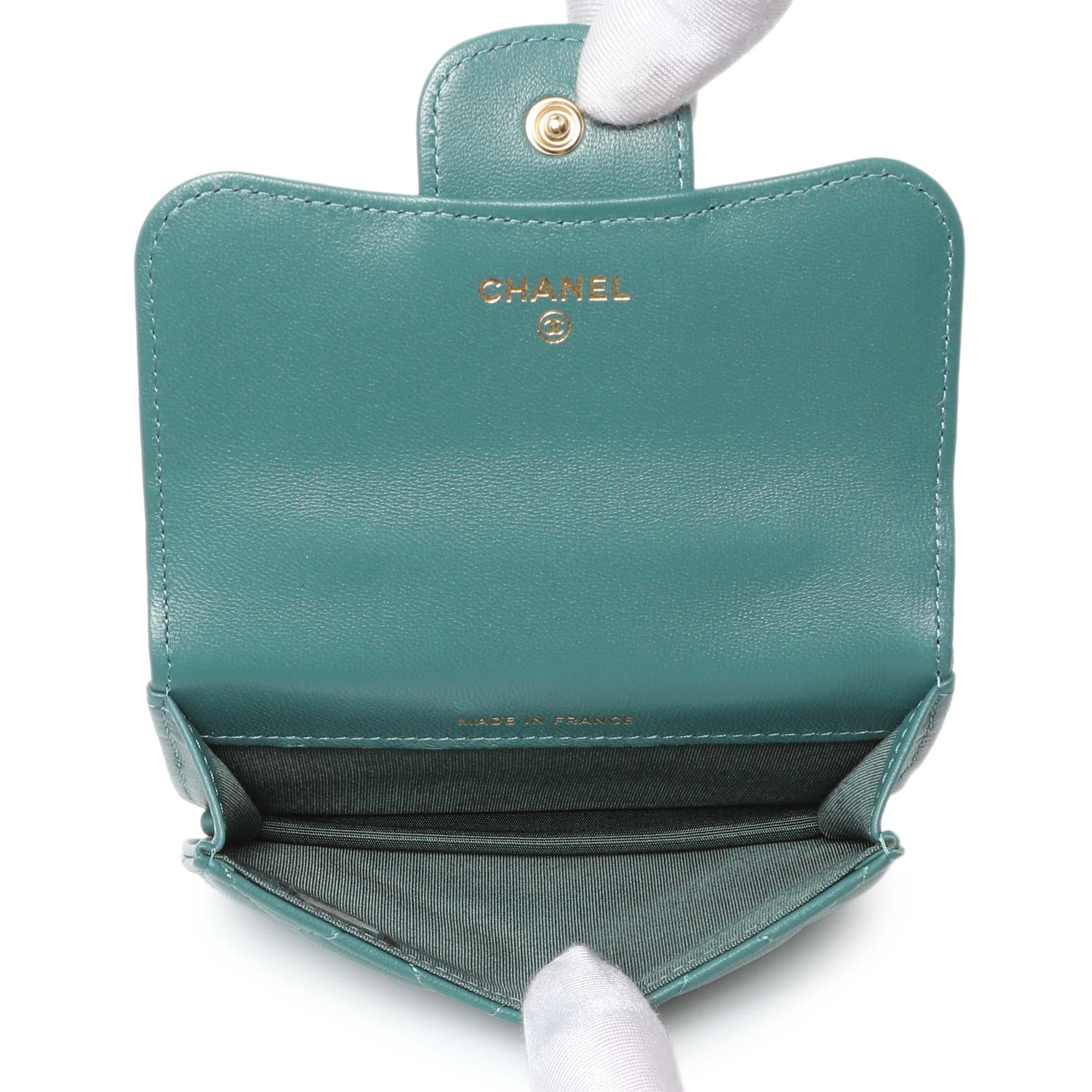 Chanel Teal Lambskin Top Handle Flap Coin Purse With Chain