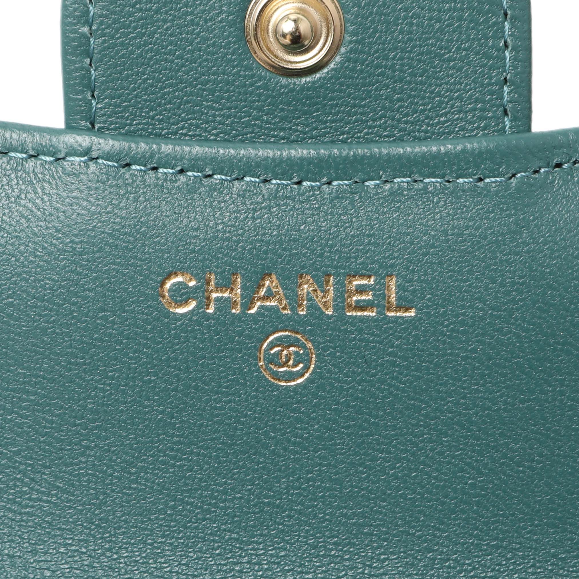 Chanel Teal Lambskin Top Handle Flap Coin Purse With Chain