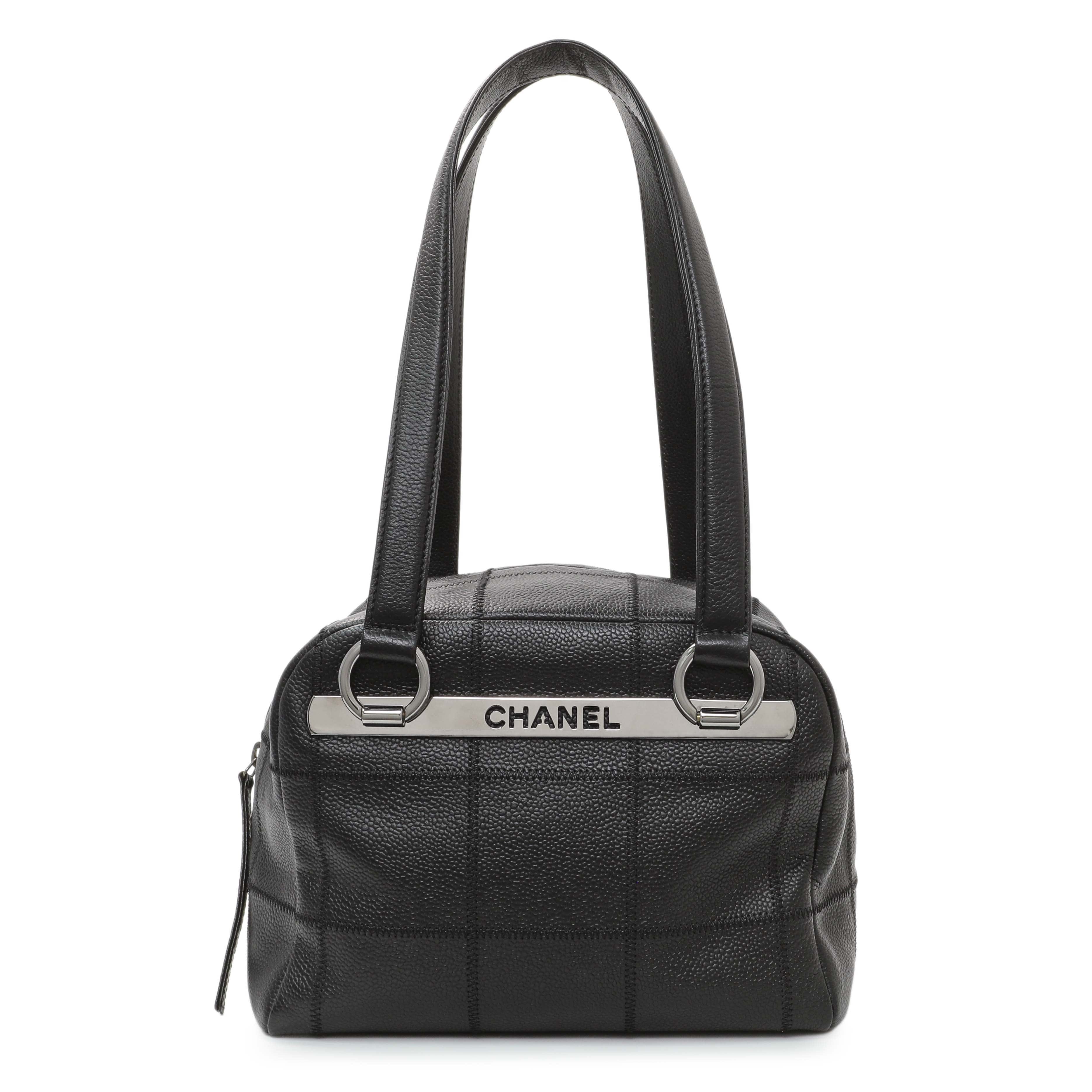 Chanel Vintage Black Caviar Square Quilted Stitched Bowler Bag
