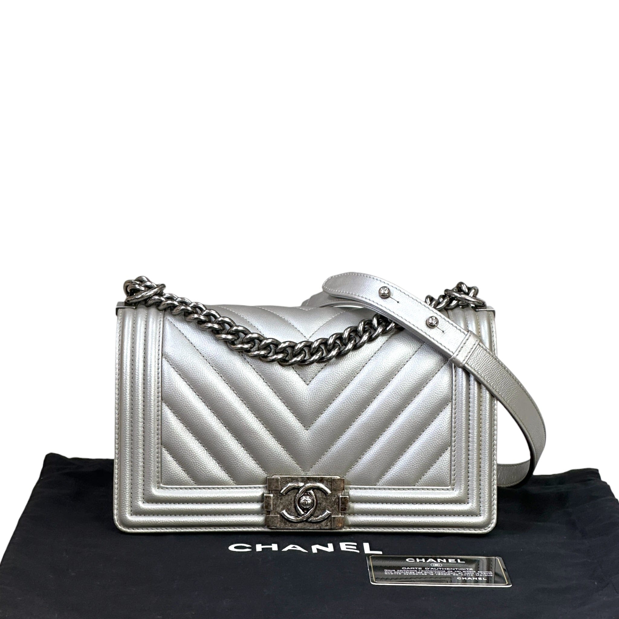 Chanel Boy Bag Medium Metallic Grey Chevron Caviar